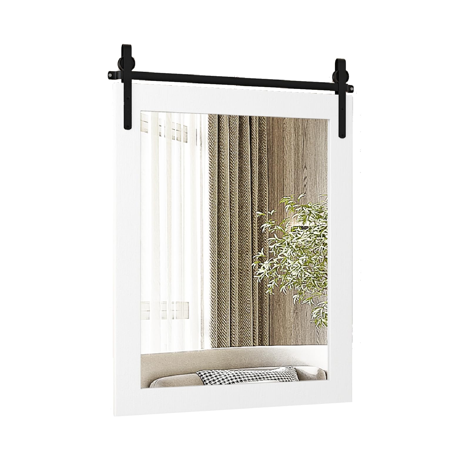 Decorative Wall Hanging Mirror, Rustic Farmhouse Solid Wood, Vintage Natural Rectangular Décor for Bathroom Living Room Bedroom (White), 76 x 55 cm