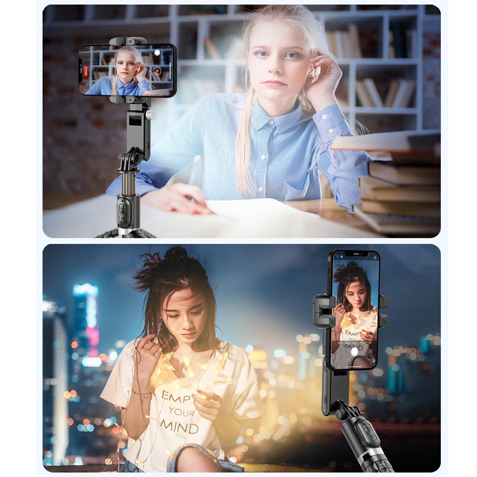 Gimbal Stabilizzatore per Smartphone Rotazione 360° Bastoni Selfie Desktop Treppiede, Luce Riempimento Telecomando Wireless Tracciamento Intelligente Compatibile con Android iPhone