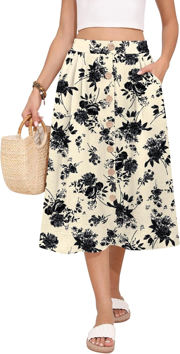 MLXSJ Women's Midi Skirt Summer Flowy High Waisted Casual Button Front Skirts with Pockets
