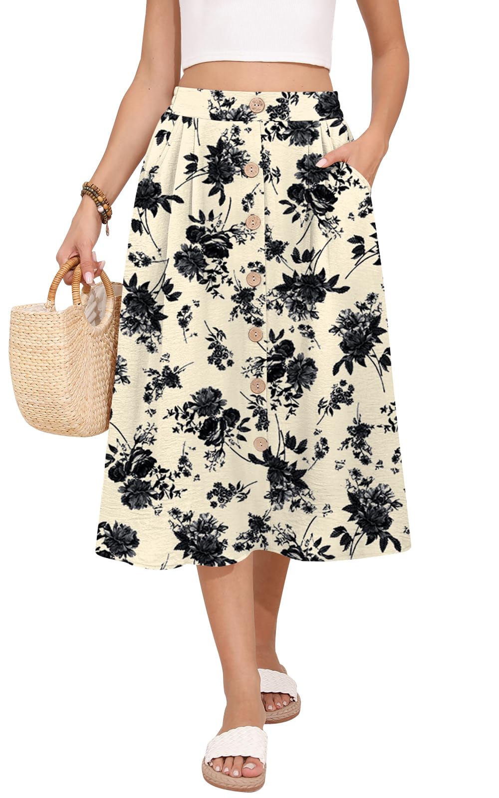 MLXSJ Women's Midi Skirt Summer Flowy High Waisted Casual Button Front Skirts with Pockets