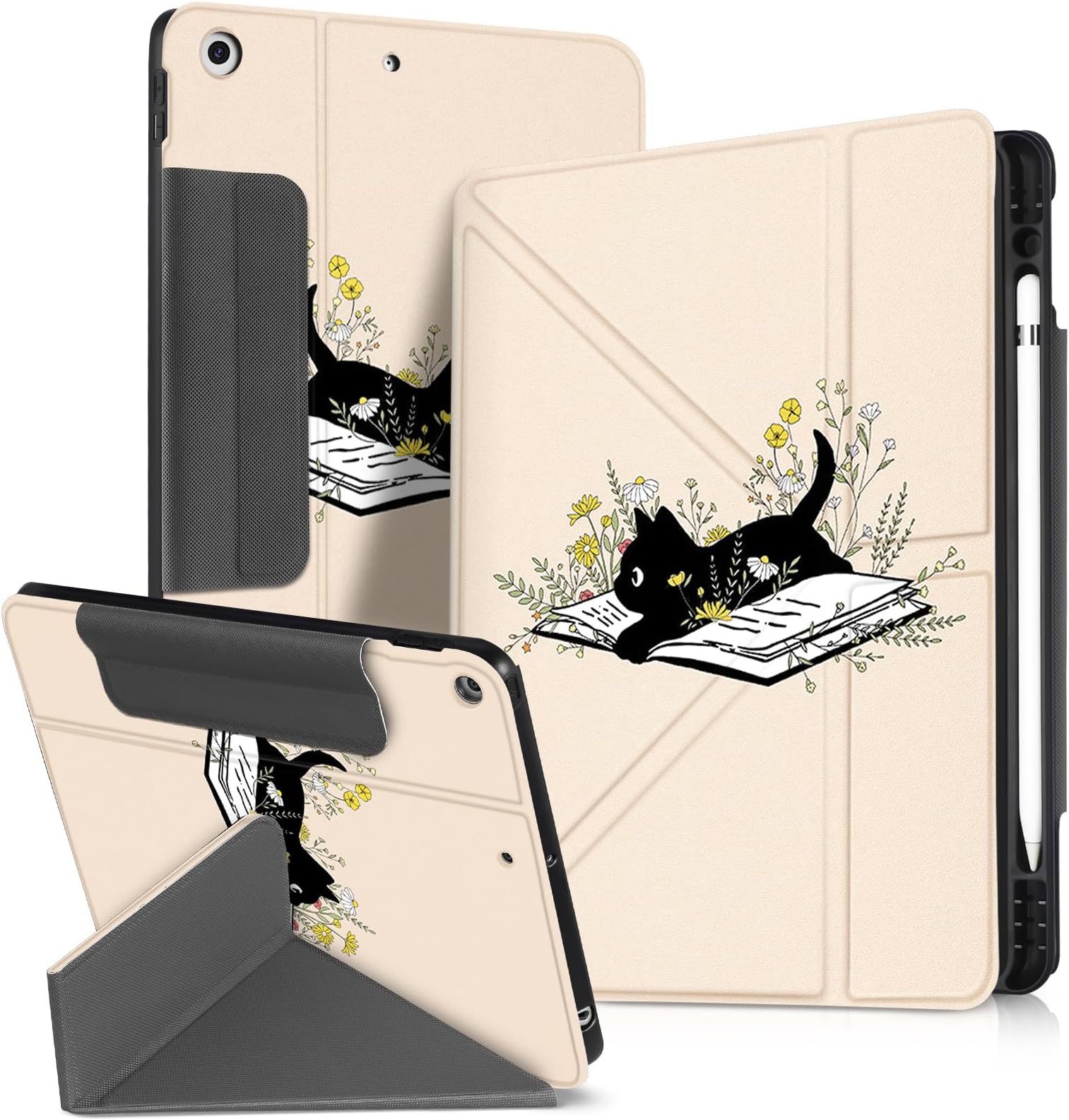 for iPad 9th/8th/7th Generation 10.2 Inch Case with Pen Holder for Boys Girls Women Men Cute Cartoon Anime Cool Funny Protector Stand Tablet Cover for Apple i Pad 7/8/9, Book Cat