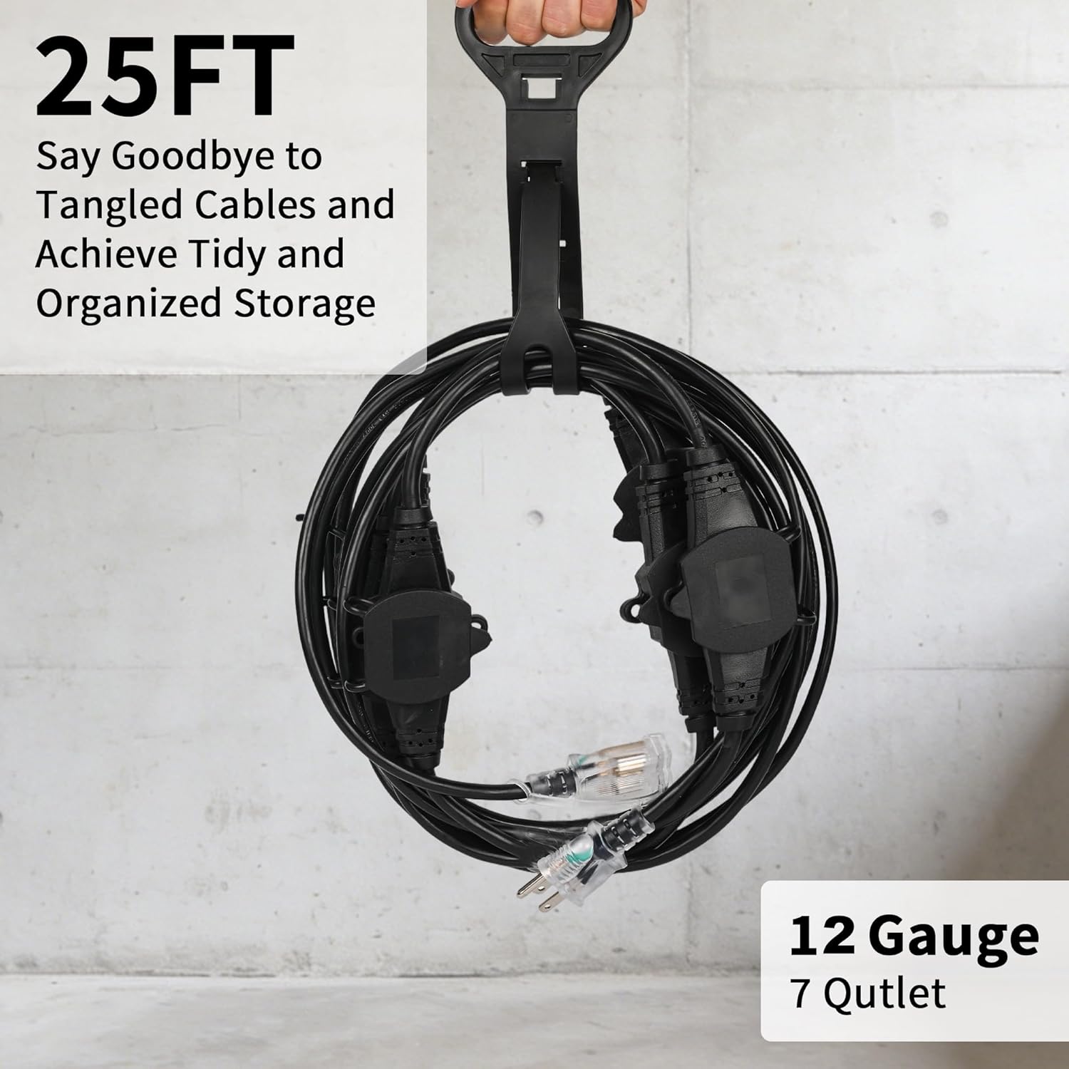Black 25FT 12 Gauge SJTW Multi Indoor/Outdoor Power Extension Cord, Multiple Evenly Spaced 7 Outlet with Safety Cover and Indicator Lights, for Landscaping Light, Stage Backline & Christmas Decor