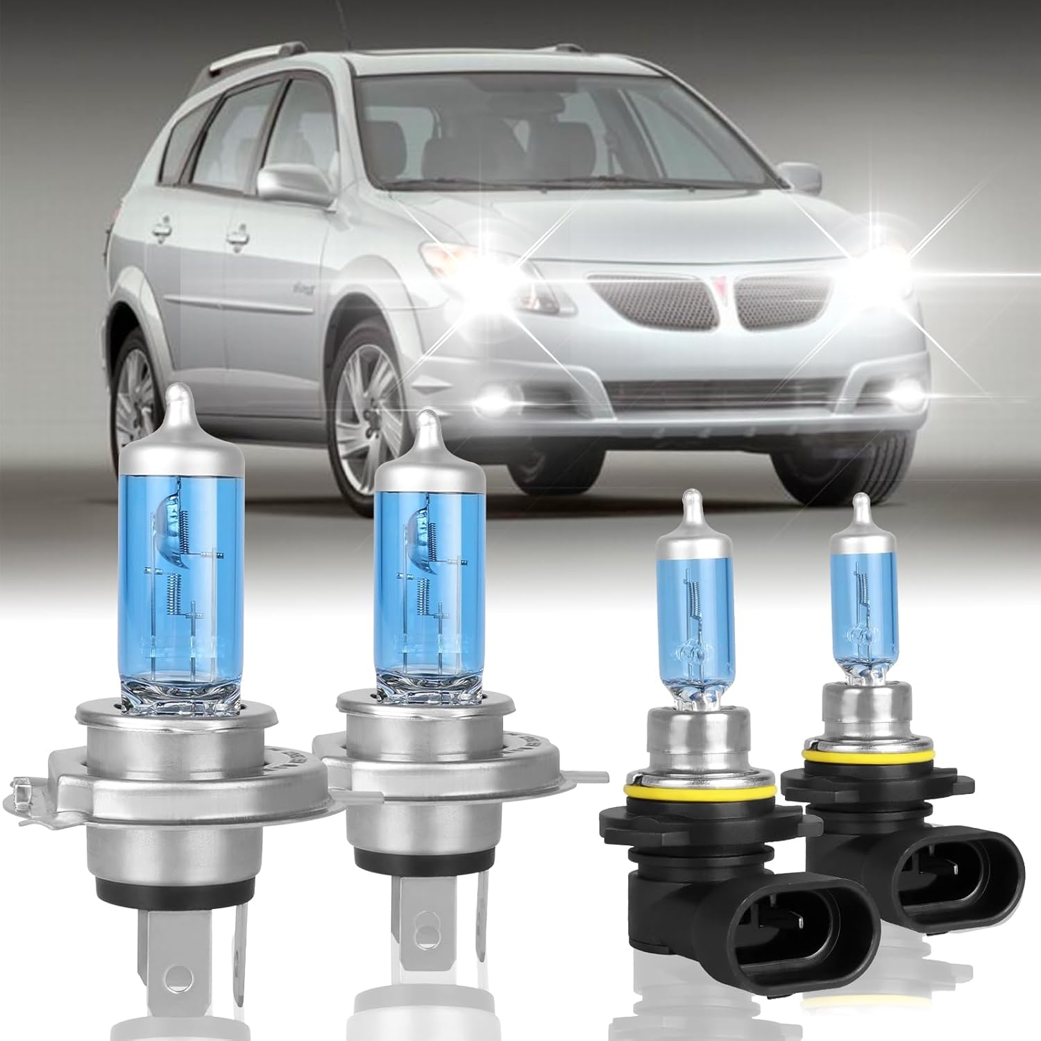 Fit for Pontiac Vibe 2003 2004 2005 2006 2007 2008 High Performance Halogen Headlight Bulbs,9003/H4 High Low Dual Beam + 9006 Foglamp Replacement Bulbs Kit,Pack of 4