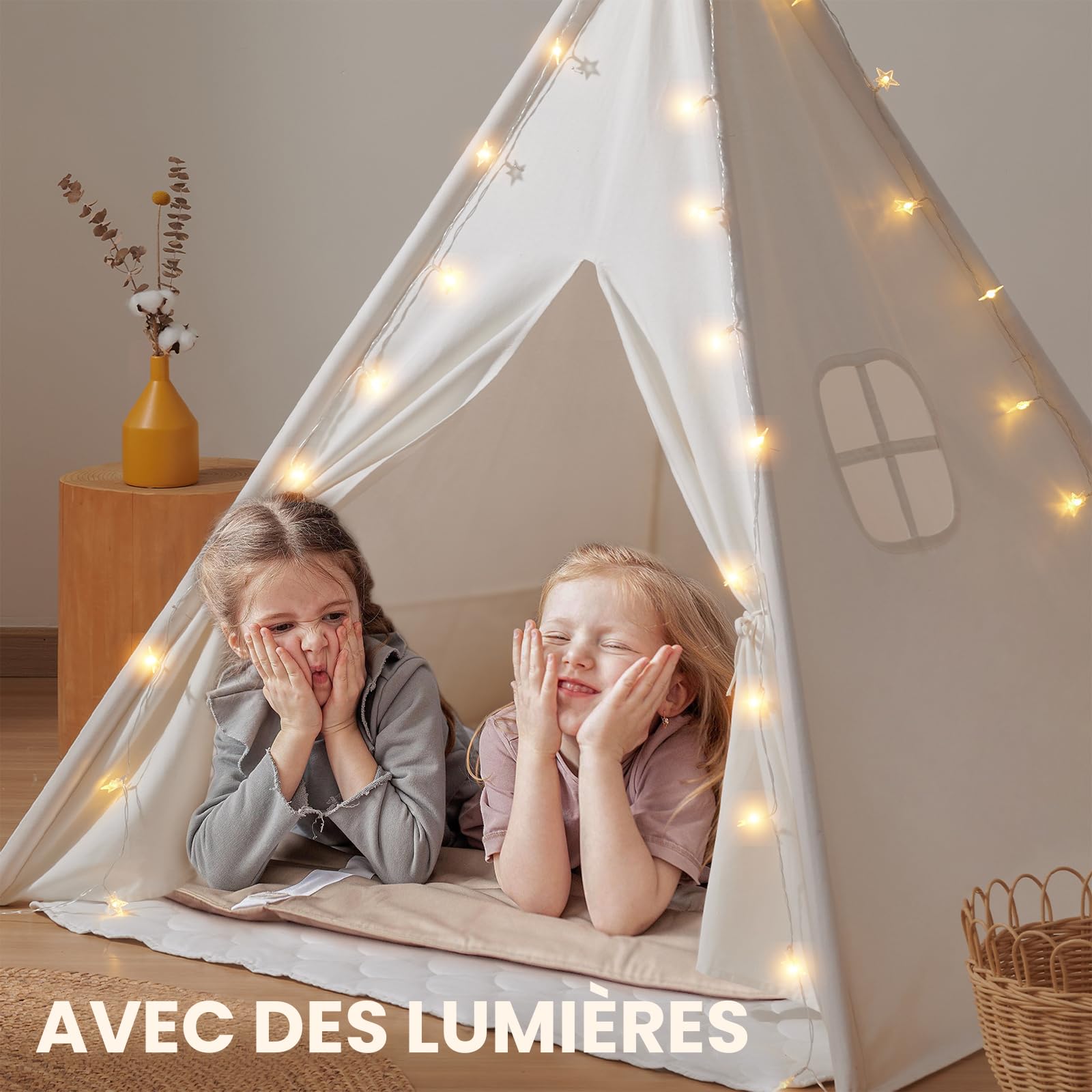Tiny Land Tipi Enfant Intérieur avec Tapis & Guirlande Lumineuse - Cabane Enfant en Toile pour Chambre Bébé Fille & Garçon, Tente de Jeux Pliable Intérieur/Extérieur, Déco Maison & Cadeau 3 Ans+