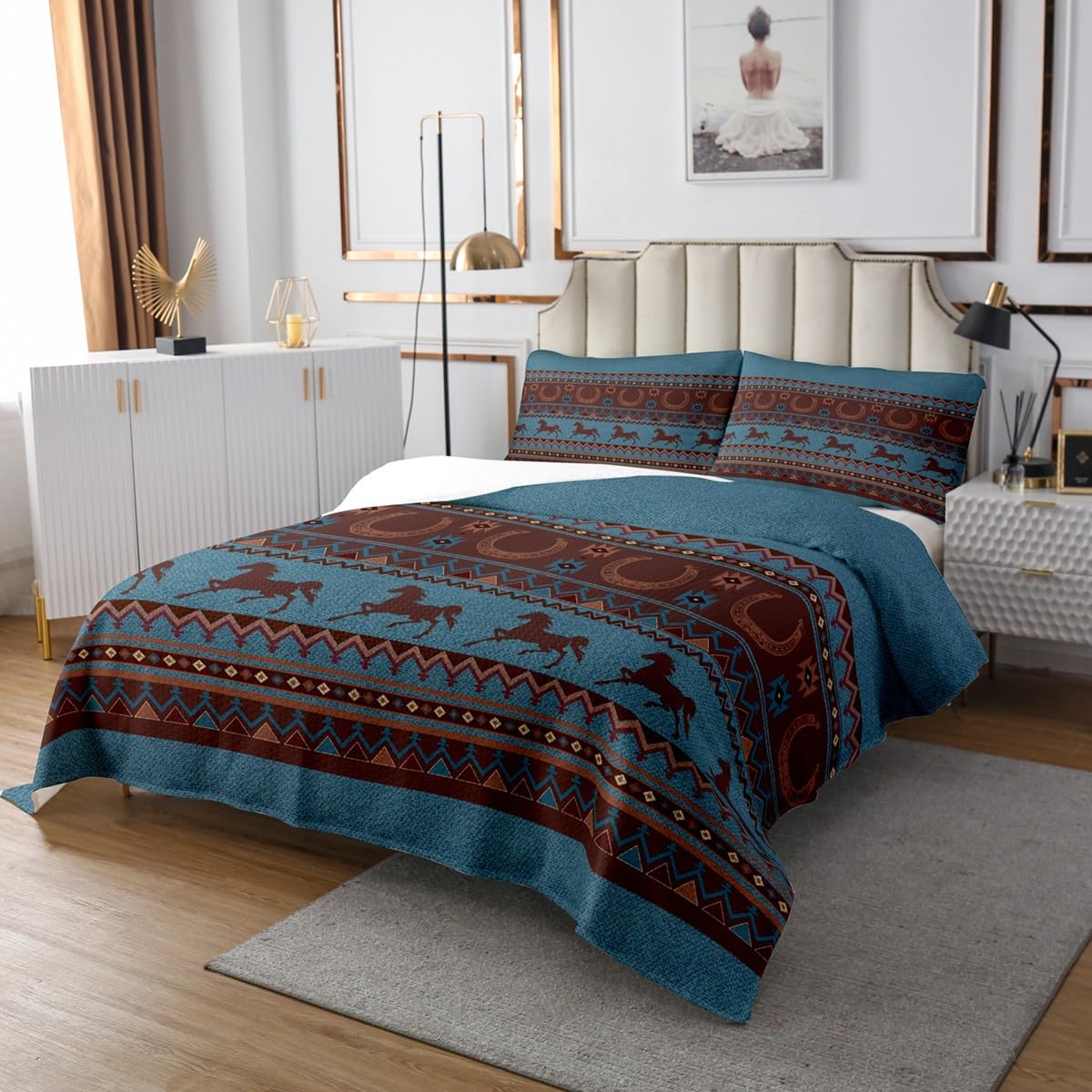 Western Horse Quilt Set - Boho Bedspread Full, Farm Animals Coverlet, Aztec Bed Set, Southwestern Native Geometry, Rustic Home Decor, Horse Gifts for Girls, Blue Farmhouse Decor