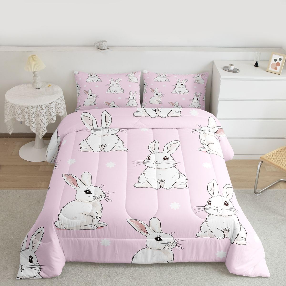 Feelyou Kids Cartoon Rabbit Comforter Set Cute Bunnies Design Bedding Set for Boys Girls Floral Kawaii Animal Comforter Lovely Pink Quilt Collection 3Pcs Queen Size Boys