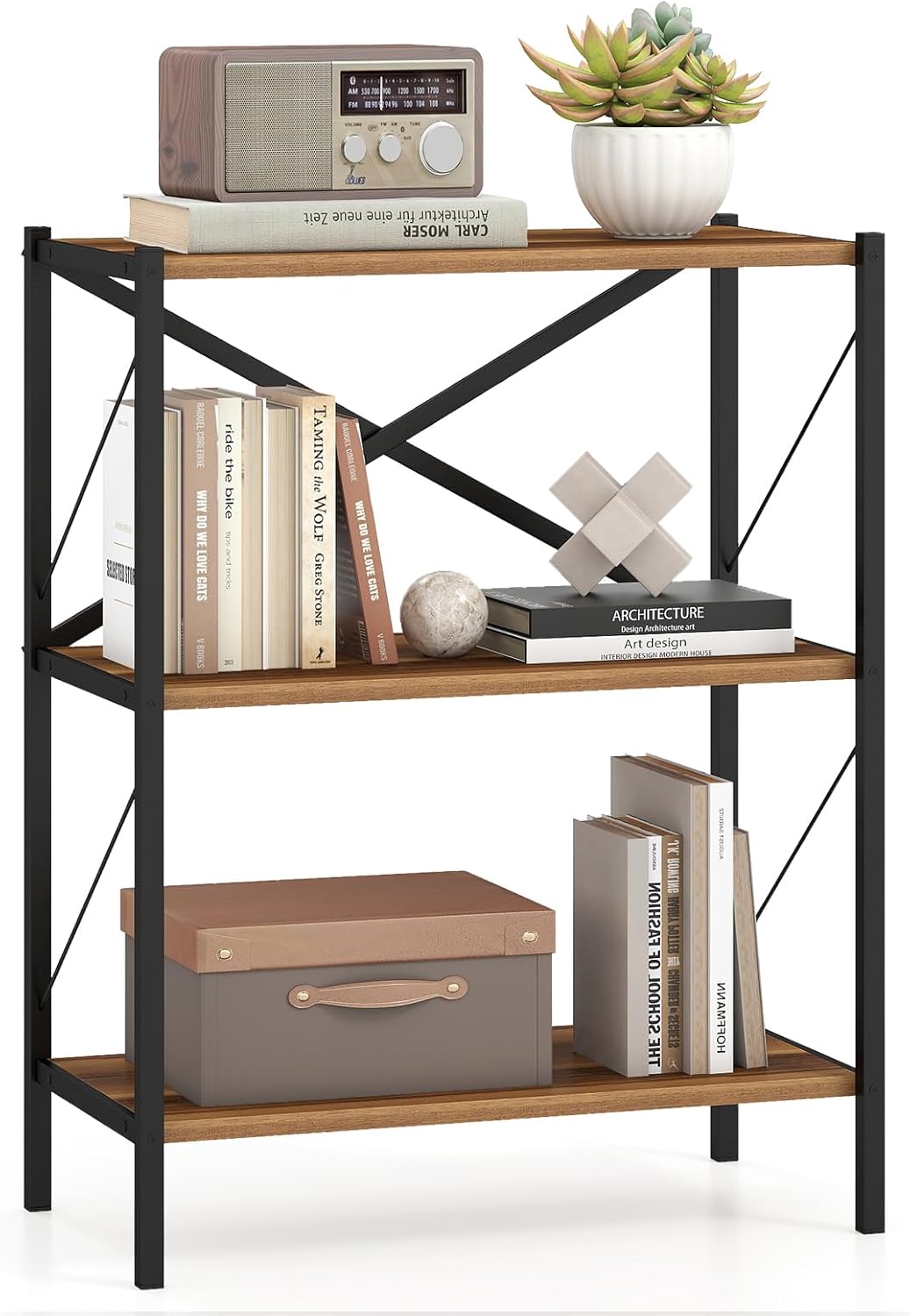 Giantex 3-Tier Bookshelf, Industrial Bookcase with Heavy-Duty Metal Frame, Modern Open Storage Book Shelf, Book Holder, Standing Shelving, Plant Display Stand for Living Room and Home Office, Walnut