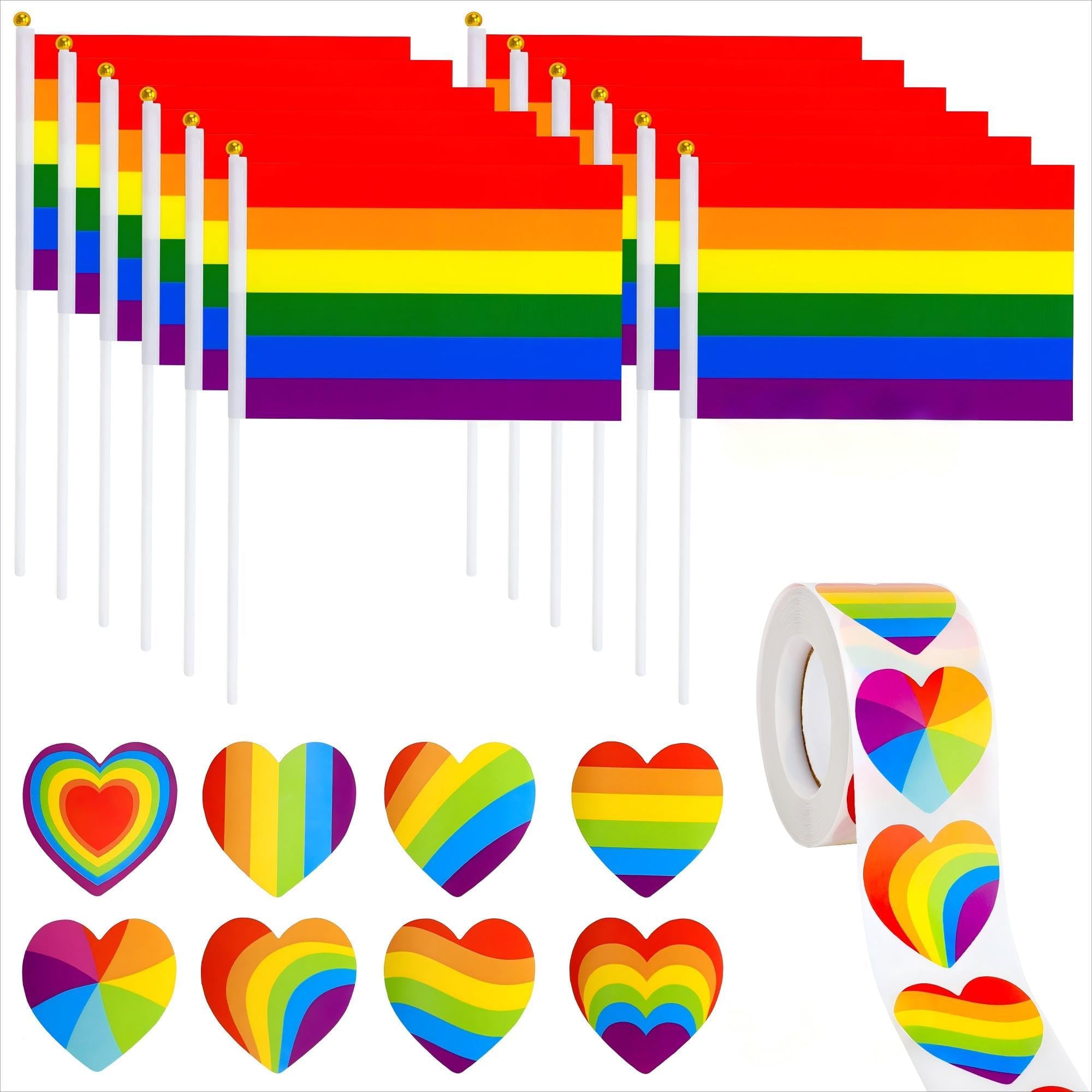 EOBOH 50 Pack Pride Flags and 500pcs Stickers, Mini Handheld LGBTQ Rainbow Flags, Gay Rainbow Heart Stickers Bulk, Small Handheld Pride Flags, Lesbians Pride Month Stuff Set for Parade Party