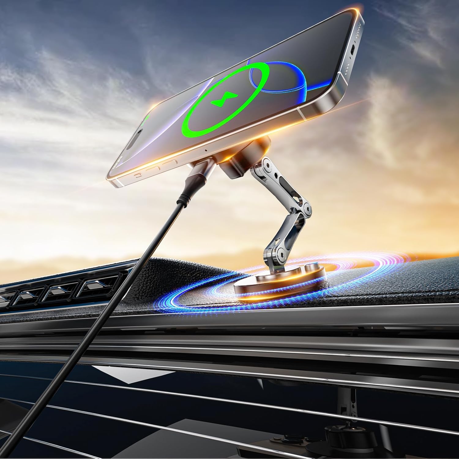 Magnetic Car Mount Charger Wireless, 15W Fast Charging 2 in 1 Magnetic Cell Phone Holder Stick on Dashboard Windshield, 360° Foldable Full Metal Car Accessories for iPhone16/15/14/13/12 Series