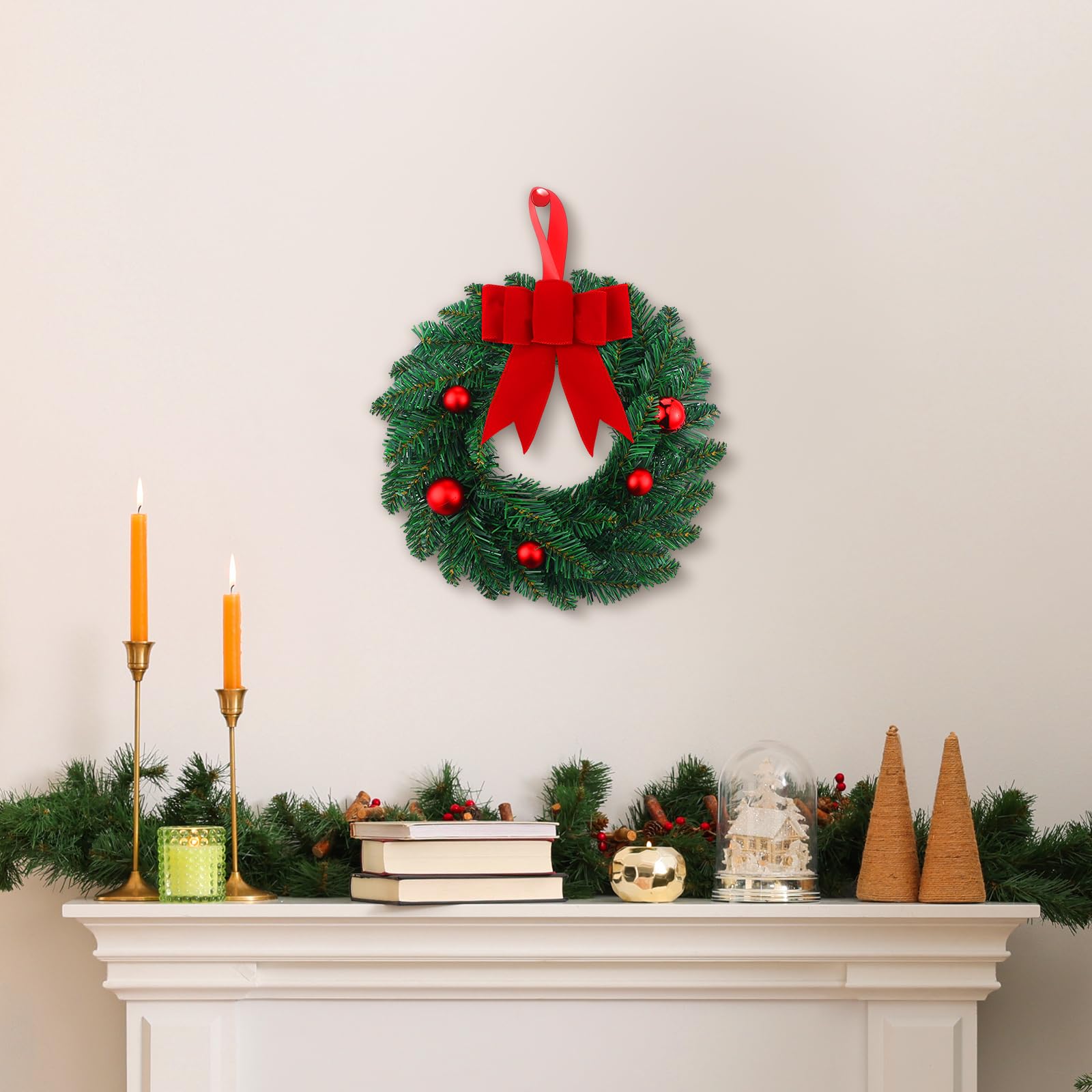 VioraWhite Lot de 4 couronnes de Noël artificielles pré-éclairées avec lumières - Fonctionnement à piles - 25,4 cm - Avec boules et nœud en ruban pour armoire de cuisine, fenêtre, vacances, extérieur