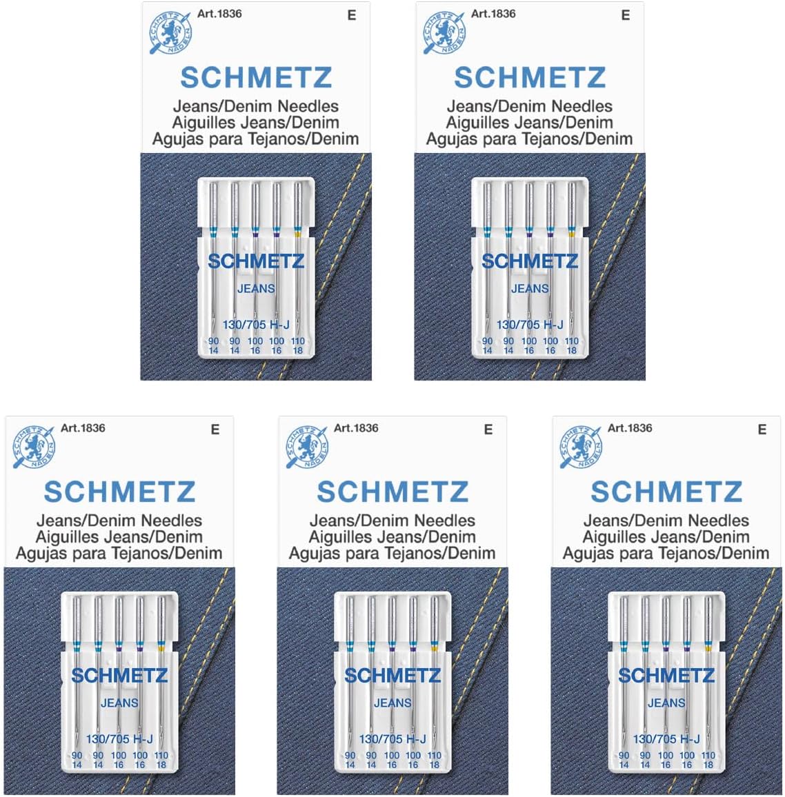 SCHMETZ Jean & Denim Sewing Machine Needles - Precision Needles for Heavy Fabric, Assorted Sizes, 5-Needle Cards, Pack of 5