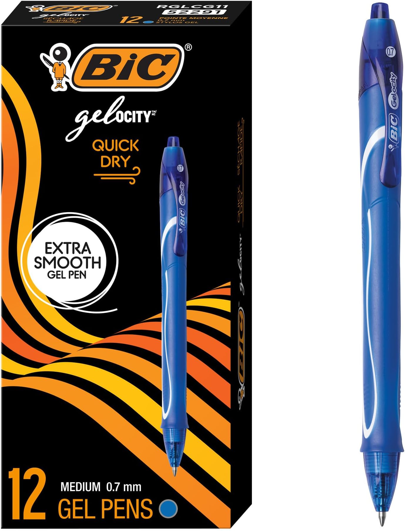 BIC Gel-ocity Quick Dry Retractable Gel Pen, Medium Point (0.7 mm), Blue, 12-Count