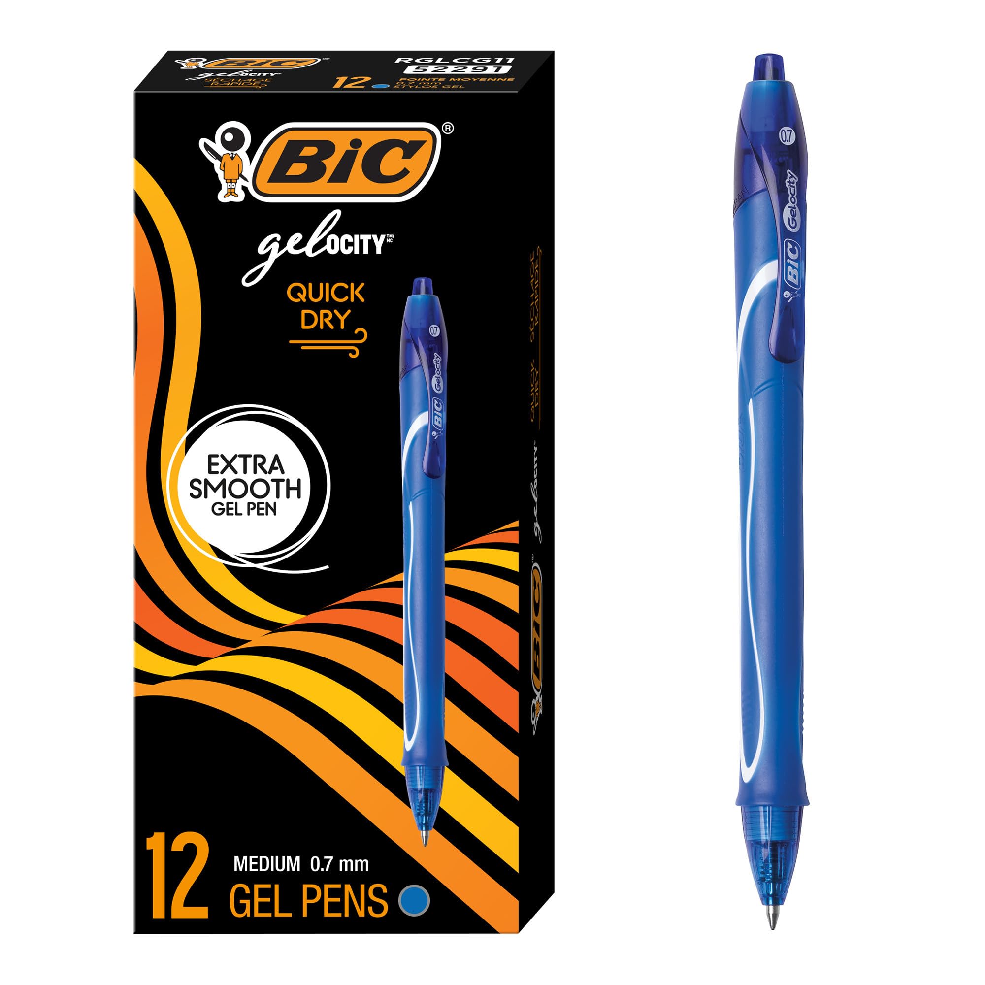 BIC Gel-ocity Retractable Quick Dry Gel Pen, Medium Point (0.7mm), Blue, Comfortable Full Grip, 12-Count
