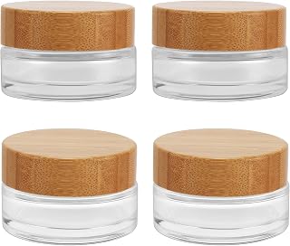 1 OZ / 30ML Clear Round Glass Jars with Bamboo Wood lids and Inner Liners, Travel Glass Jars, Refillable Cosmetic Containers for Lip Balm, Ointments, Lotion, Makeup, Eyeshadow, Slime, Paint and Creams 30ML/30Grams (4 Packs)