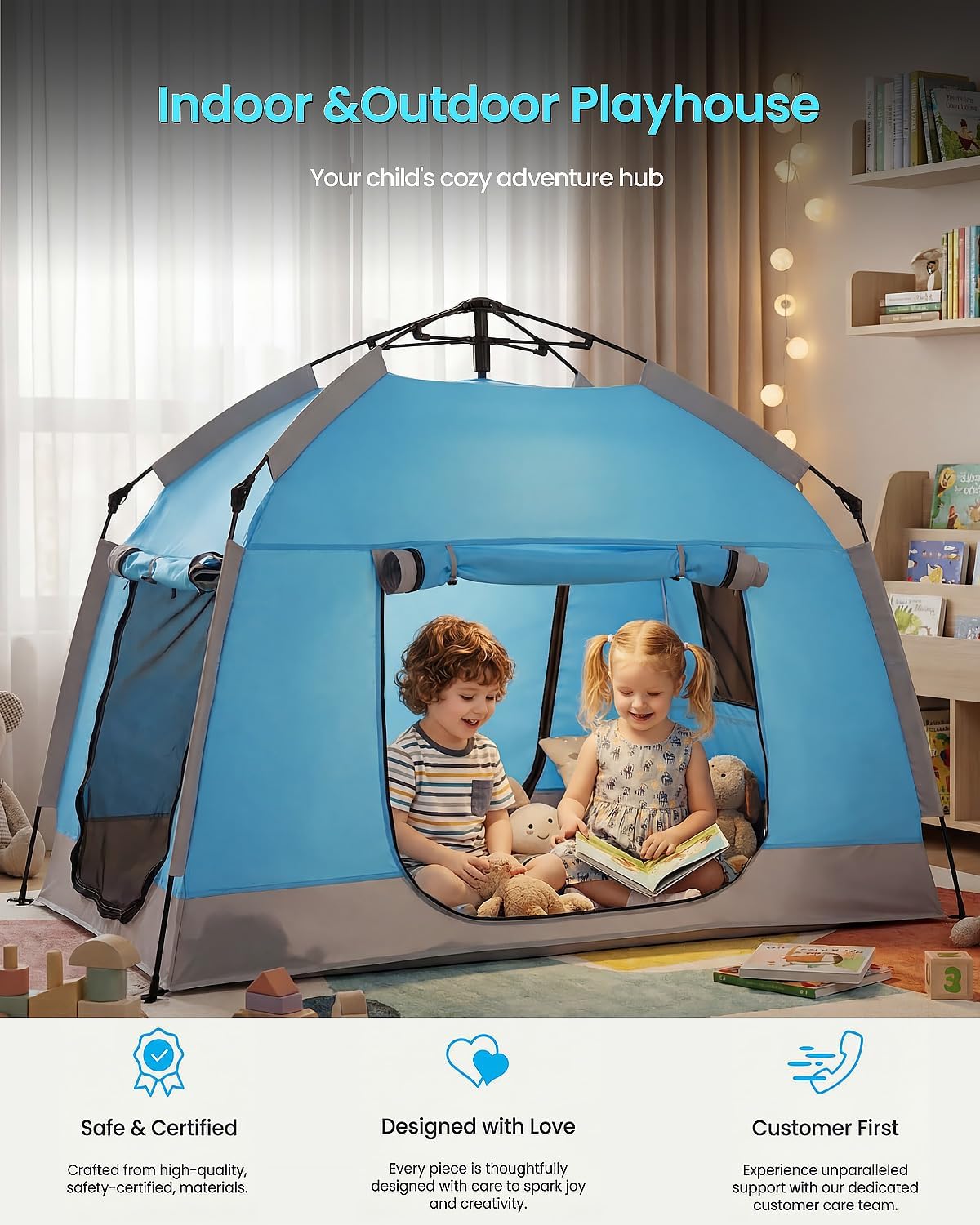 Easy Set Up Kids Playhouse with Nice LED Light Strip and 3 Large Opens,Portable Children Play Tent & Privacy Room for Indoor & Outdoor Games with Carry Bag-Free Space for Toddlers-Birthday Gifts