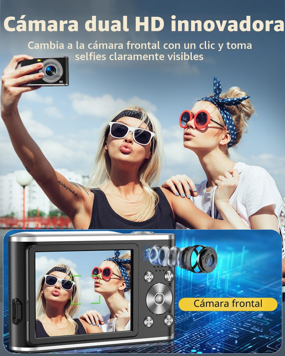 Cámara Digital, AutoFocus 4K Cámara Compacta Cámara fotográfica con Tarjeta de Memoria de 32 GB con cámara Dual HD 48 MP Zoom Digital 16X Pantalla Grande de 2,8" para Principiantes