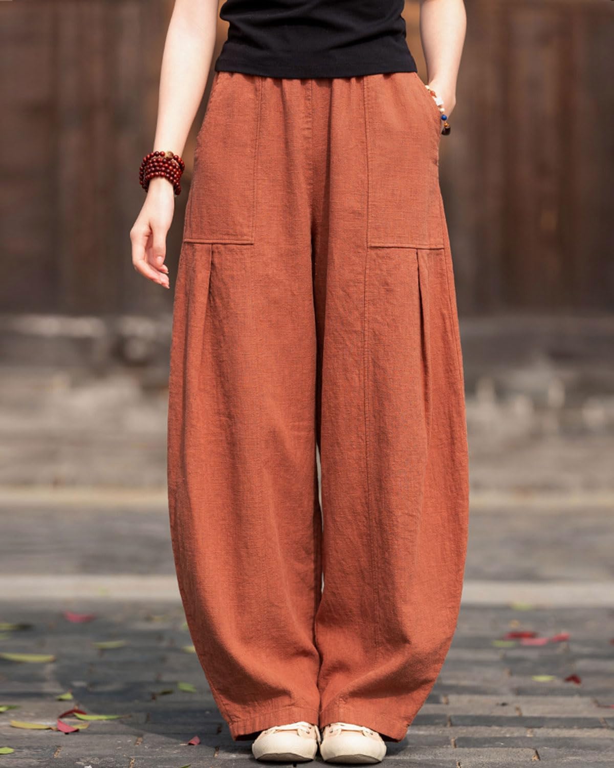 IXIMO Women's Linen Wide Leg Pants Casual Elastic Waist Loose Lantern Trousers Front Pockets - Image 2