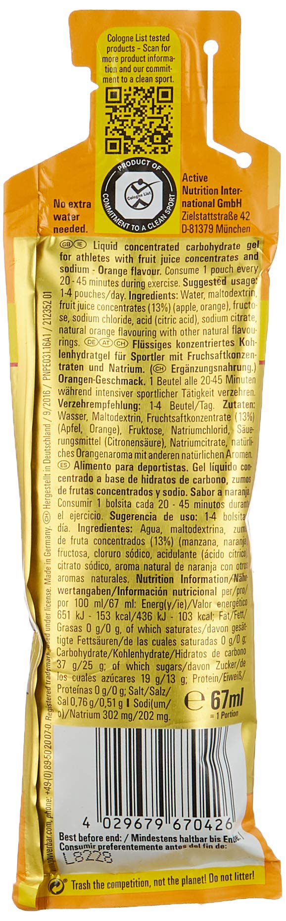 PowerBar Power Gel Hydro mit Kohlenhydraten, Maltodextrin & Natrium – Energie Gels – Vegan – Trinkbar ohne Wasser – Orange (24 x 67 ml)