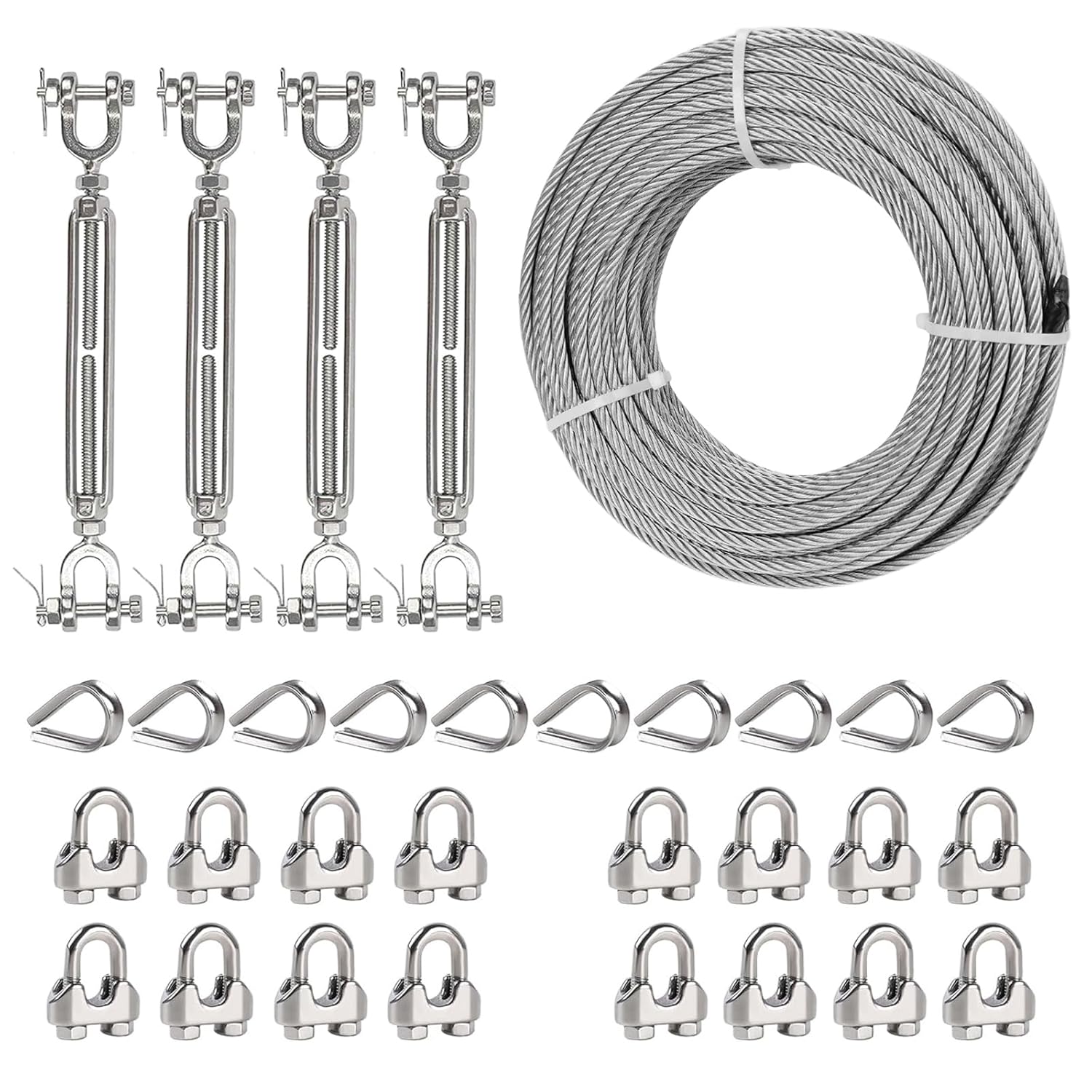 50FT 1/4" Wire Rope Kit, Stainless Steel Cable with 2 Pcs 5/16 Turnbuckle, Wire Rope Clamp & Thimble, 6400lbs Breaking Strength, 7X19 Strands Heavy Duty Cable for Zipline, Trailers