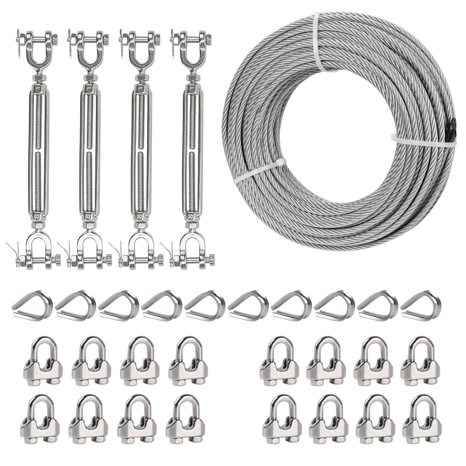 View 1 of 1/4" Wire Rope Kit with 100FT Stainless Steel Cable & 4 Pcs 5/16 Turnbuckle