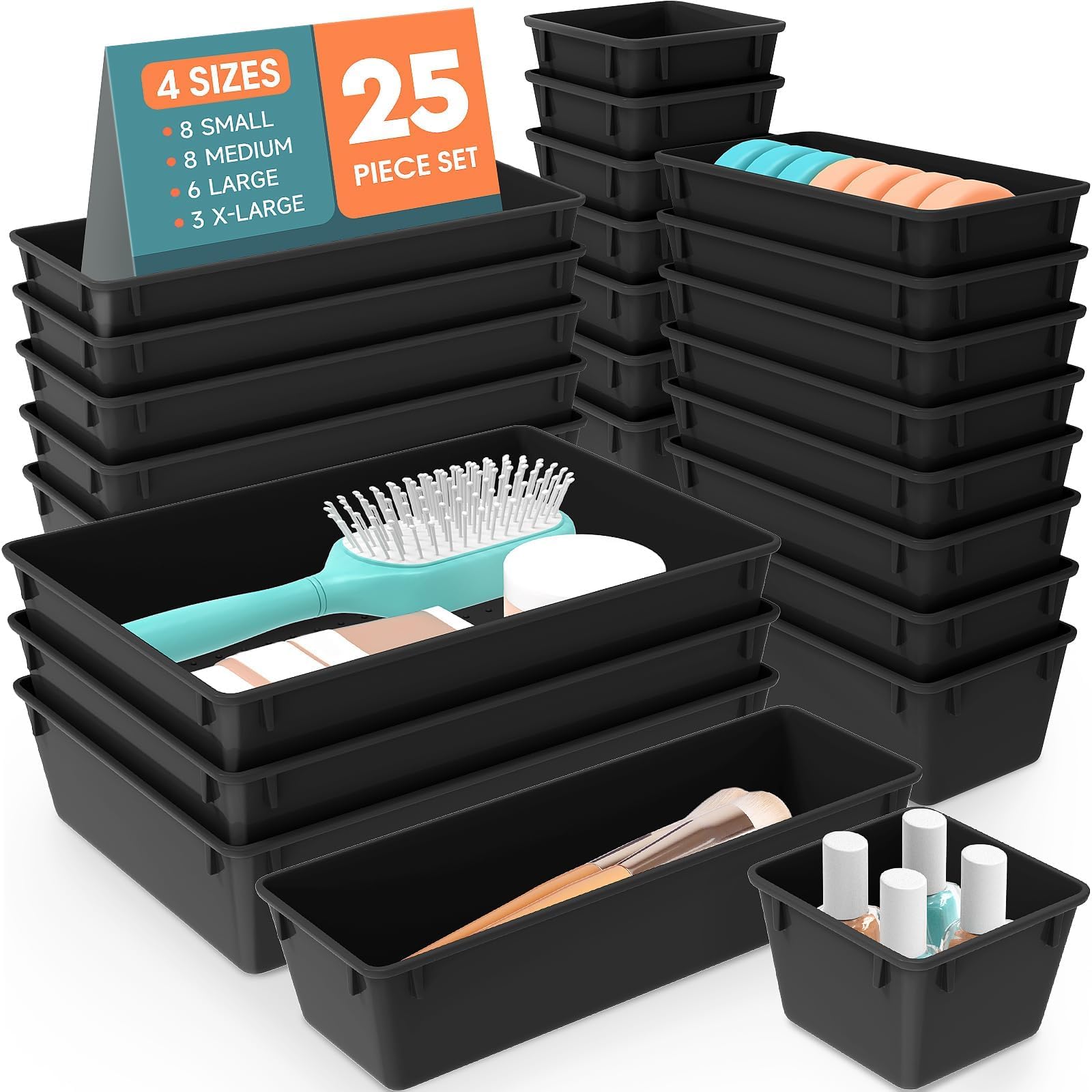 SpaceHacks 25 PCS Plastic Drawer Organizer, 4-Size Versatile Organizer Trays &amp; storage Bins
