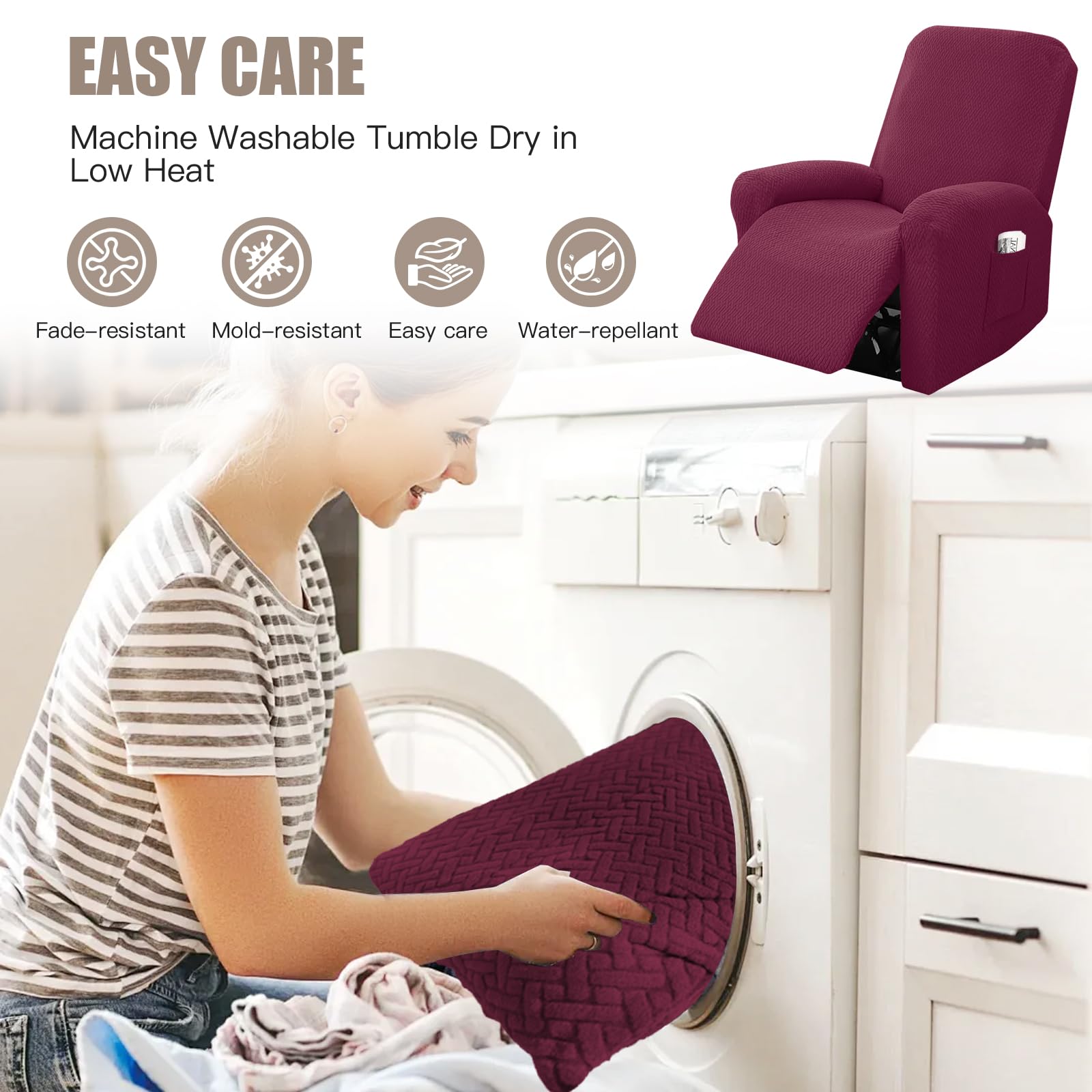 Set di 4 Copri Poltrona Relax Reclinabile, Copripoltrona 1 Posto Elasticizzato con Tasche e Braccioli,Utte le Inclusive Strisce Jacquard, Lavabile (Borgogna)