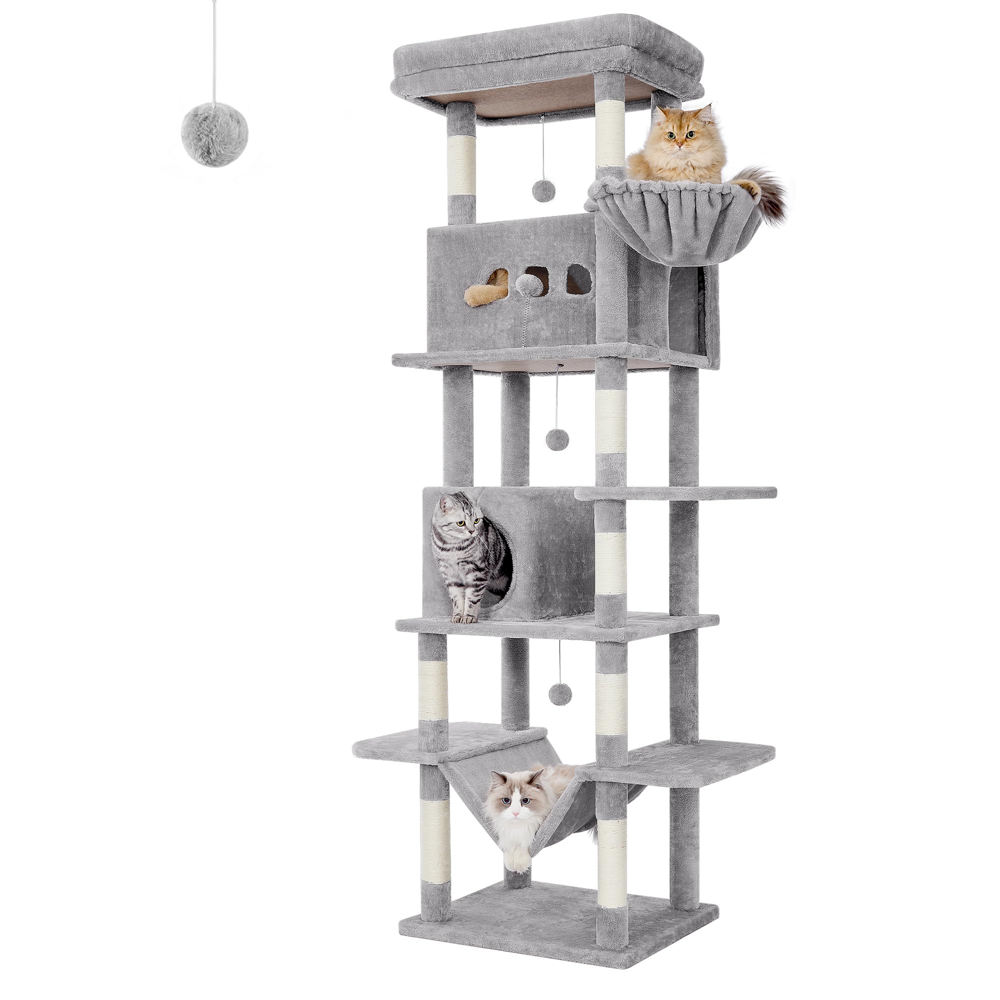 Hzuaneri Cat Tree for Indoor Cats, 210 cm Large Tall Cat Tower, Multi-Level Cats House with Condo, 8 Scratching Posts, Hammock, 4 Pom Poms, Light Grey MS21018LGHzuaneri Cat Tree for Indoor Cats, 210 cm Large…