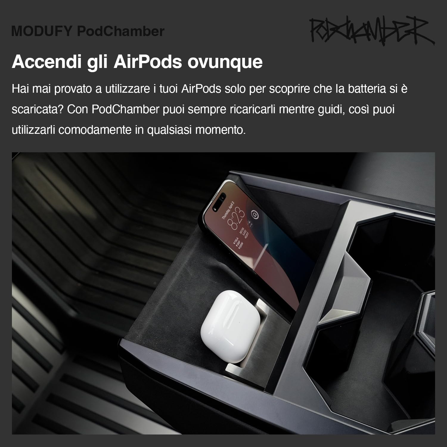 PodChamber Tesla esclusivo Supporto di ricerca per Auricolari abilitati Qi (Compatibile con Qi / Earbuds / Soundcore P40i / NOTHING Ear / Cybertruck / Stainless / Model3 / ModelY / Tesla)