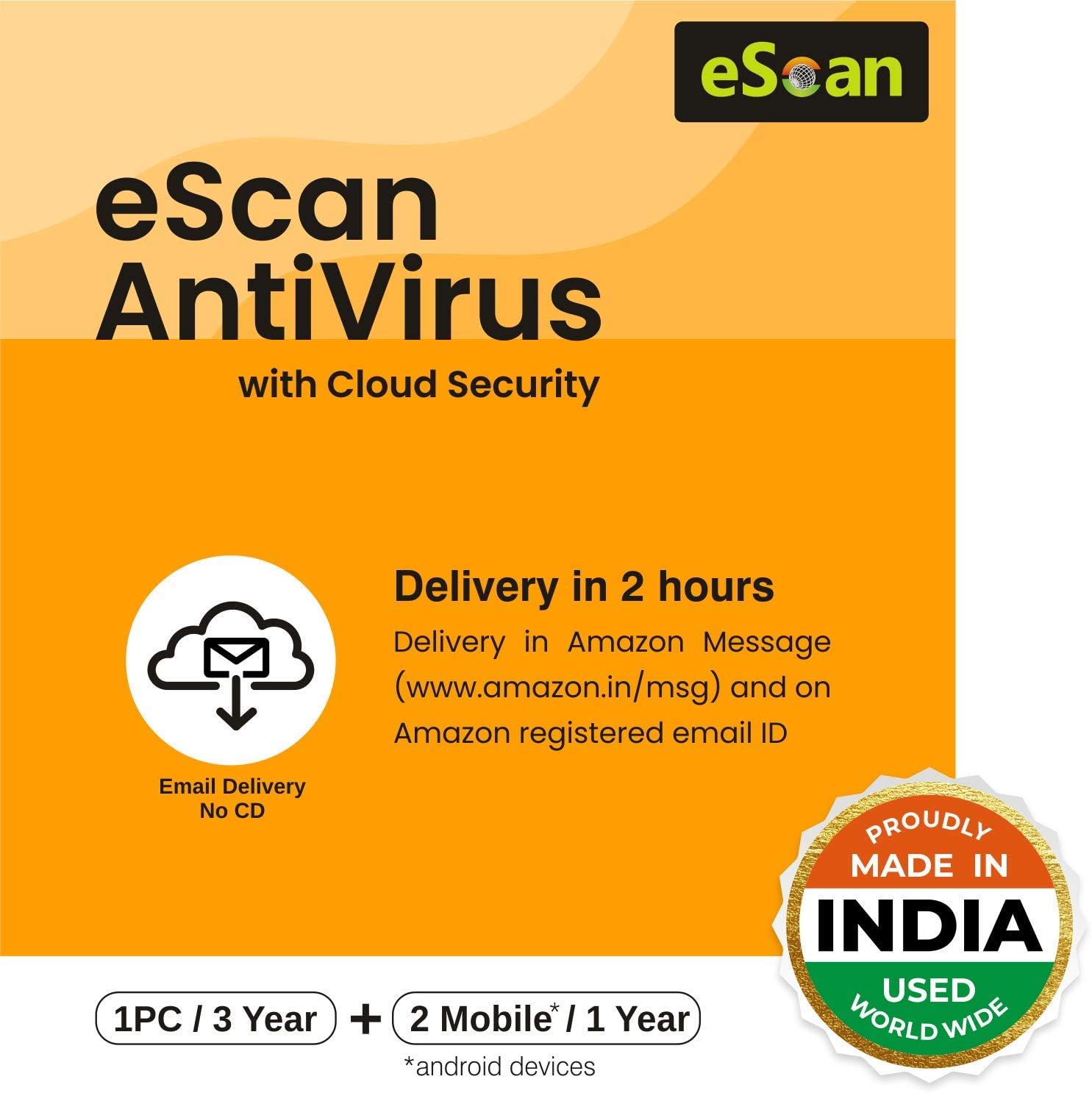 eScan 1 User 3 Year Antivirus with Cloud Security + 2 no. eScan 1 User 1 Year Mobile Android Security (Email Delivery - No CD)