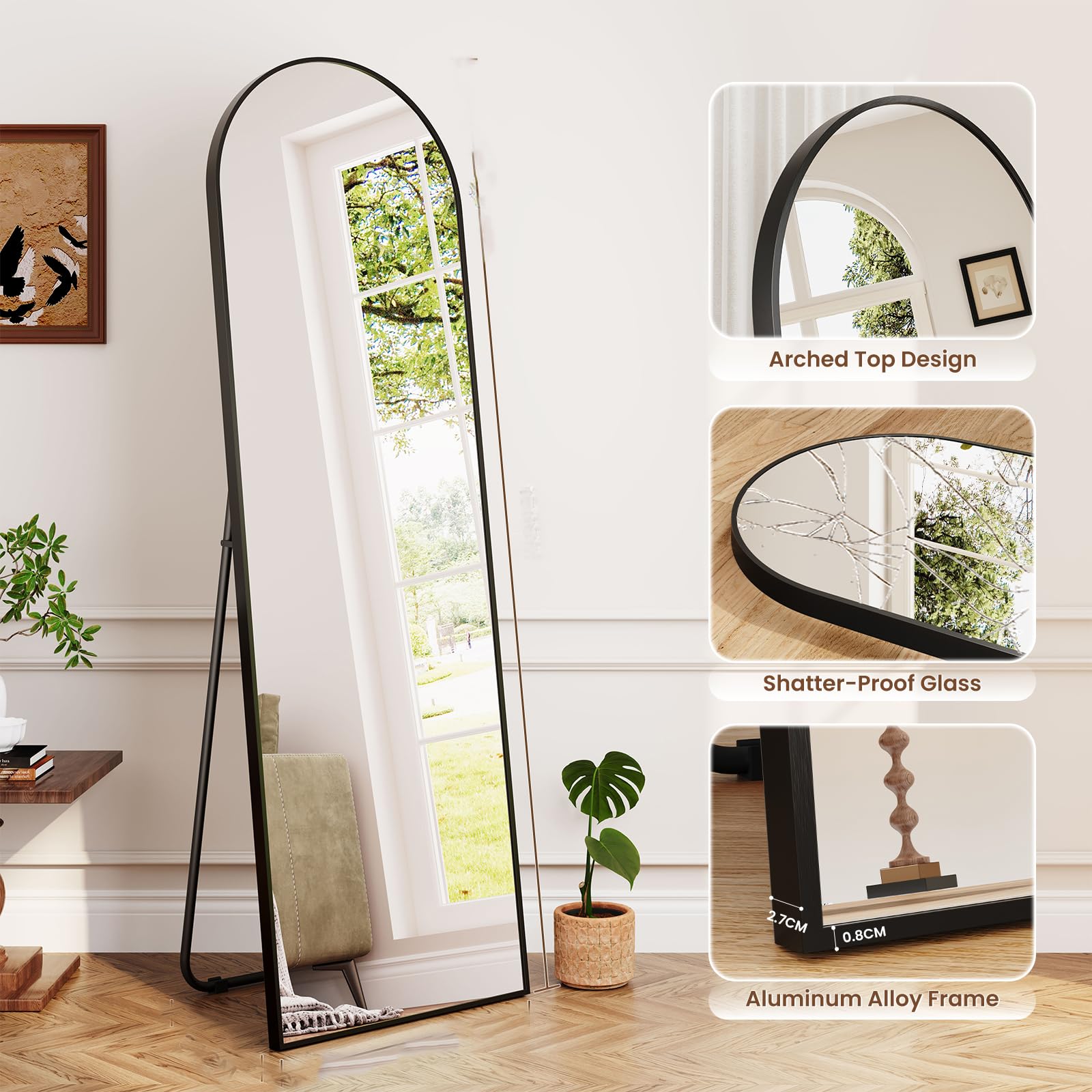 Dripex Grand Miroir Arche 150×40cm, Miroir sur Pied ou Suspendu avec Cadre en Alliage d'Aluminium Idéal pour Dressing, Chambre à Coucher, Salon-Noir