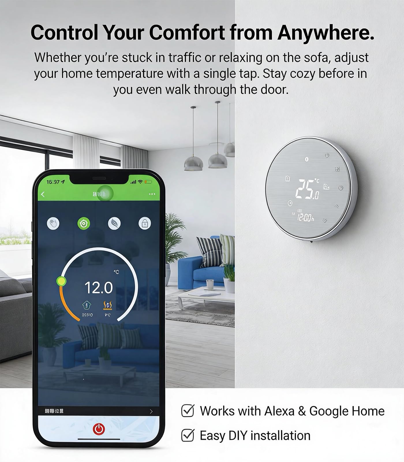 Smart Wifi Termostat Regulator temperatury Inteligentny klimatyzacja WIFI Okrągły termostat z 4-lampowym ekranem LCD, współpracuje z Alexa Google Home, chroni oczy,95~240V AC