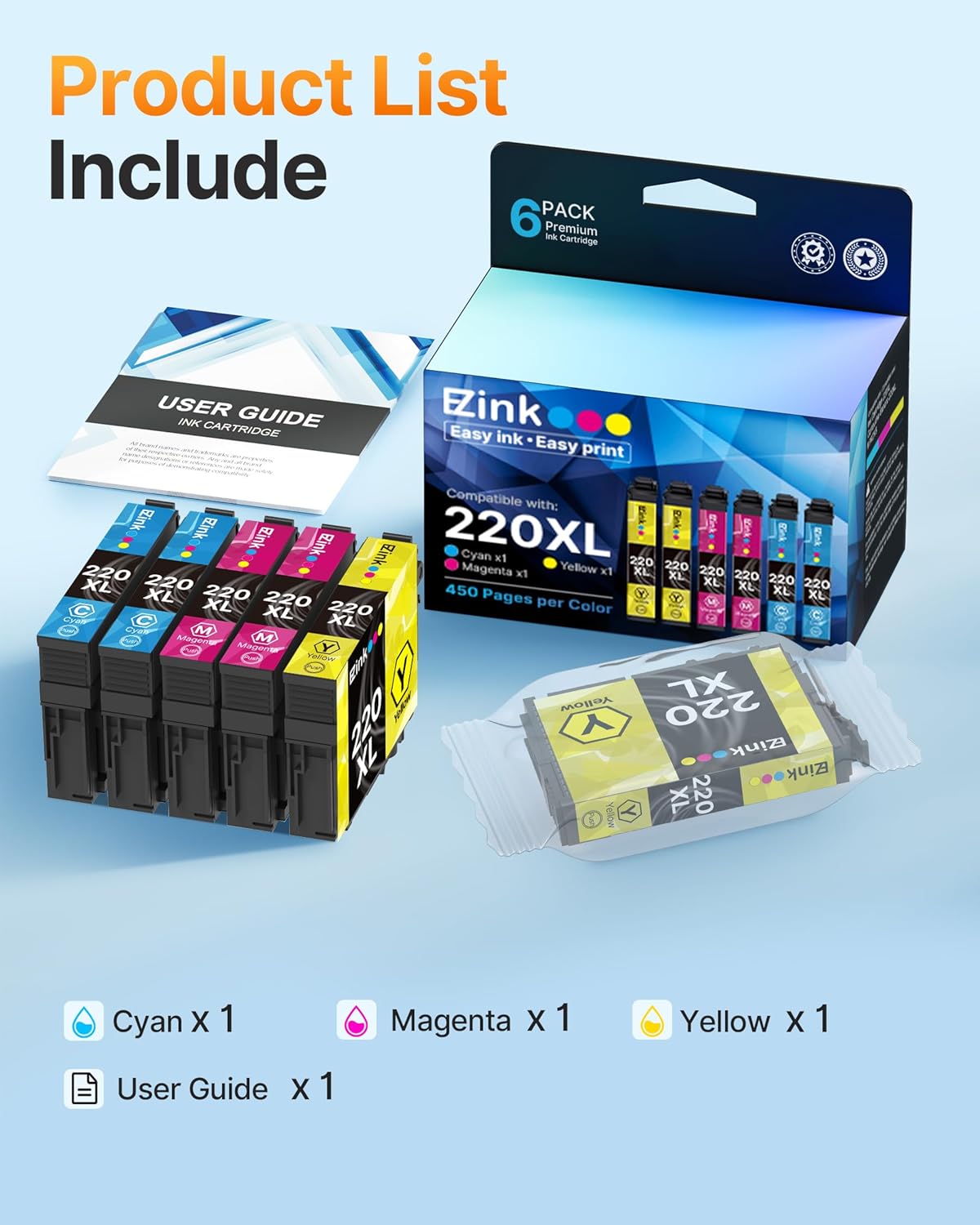 E-Z Ink Remanufactured Ink Cartridge Replacement for Epson 220 XL 220XL T220XL to use with WF-2760 WF-2750 WF-2630 WF-2650 WF-2660 XP-320 XP-420 XP-424 (2 Cyan, 2 Magenta, 2 Yellow, 6 Pack)