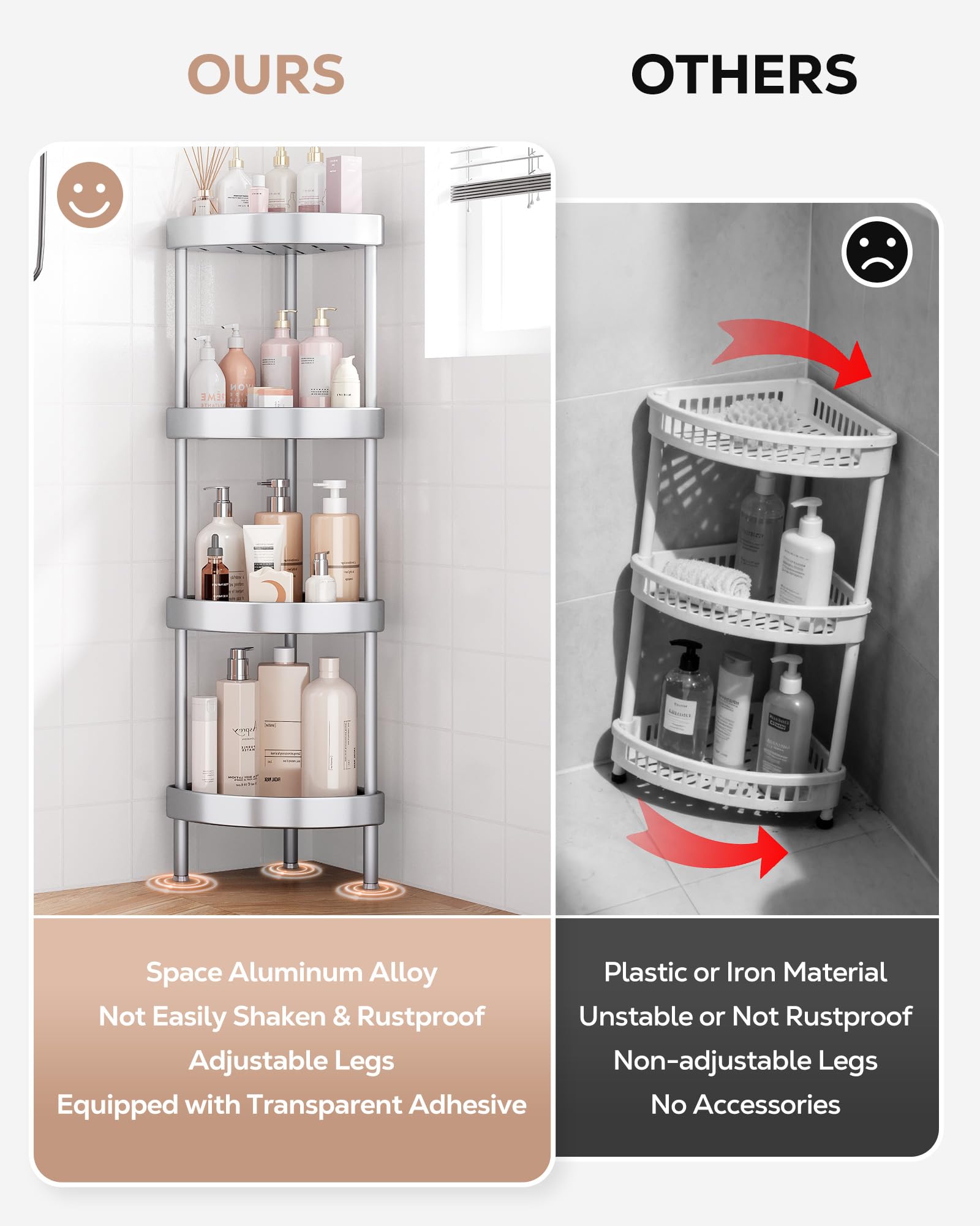 Nieifi Narożny stojak prysznicowy - 4-poziomowy nierdzewny anodowany aluminiowy stojący organizer prysznicowy, narożnik prysznicowy, podwójna stabilność, zapobiega wstrząsom, regulowana wysokość nóg