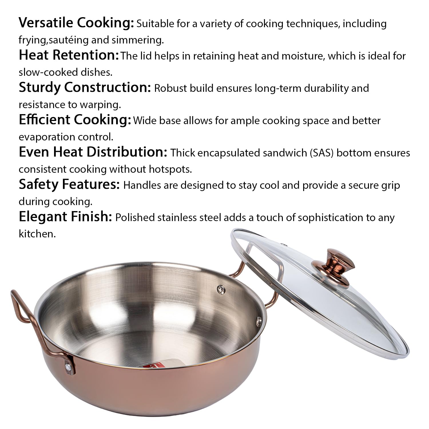 TOPSYTURVY Stainless Steel Copper PVD Kadhai with Glass Lid 24 CM | Induction & Gas Compatible | Heavy Bottom Cookware for Healthy Cooking 3 Liter Capacity 2
