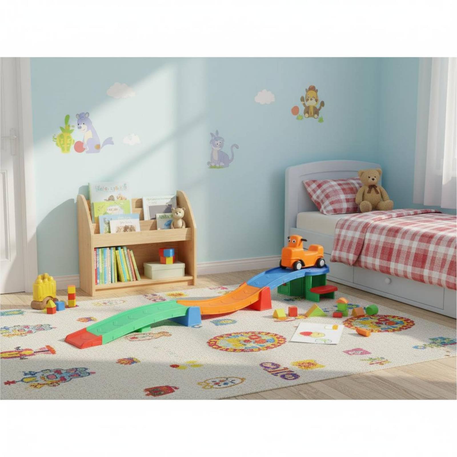 Rutschbahn mit Auto sensorische Förderung dreiteilige Rutsche stabile Konstruktion Kinderspielzeug für Kleinkinder, zu Hause, Kindergarten, Draußen, Klassische Farbe