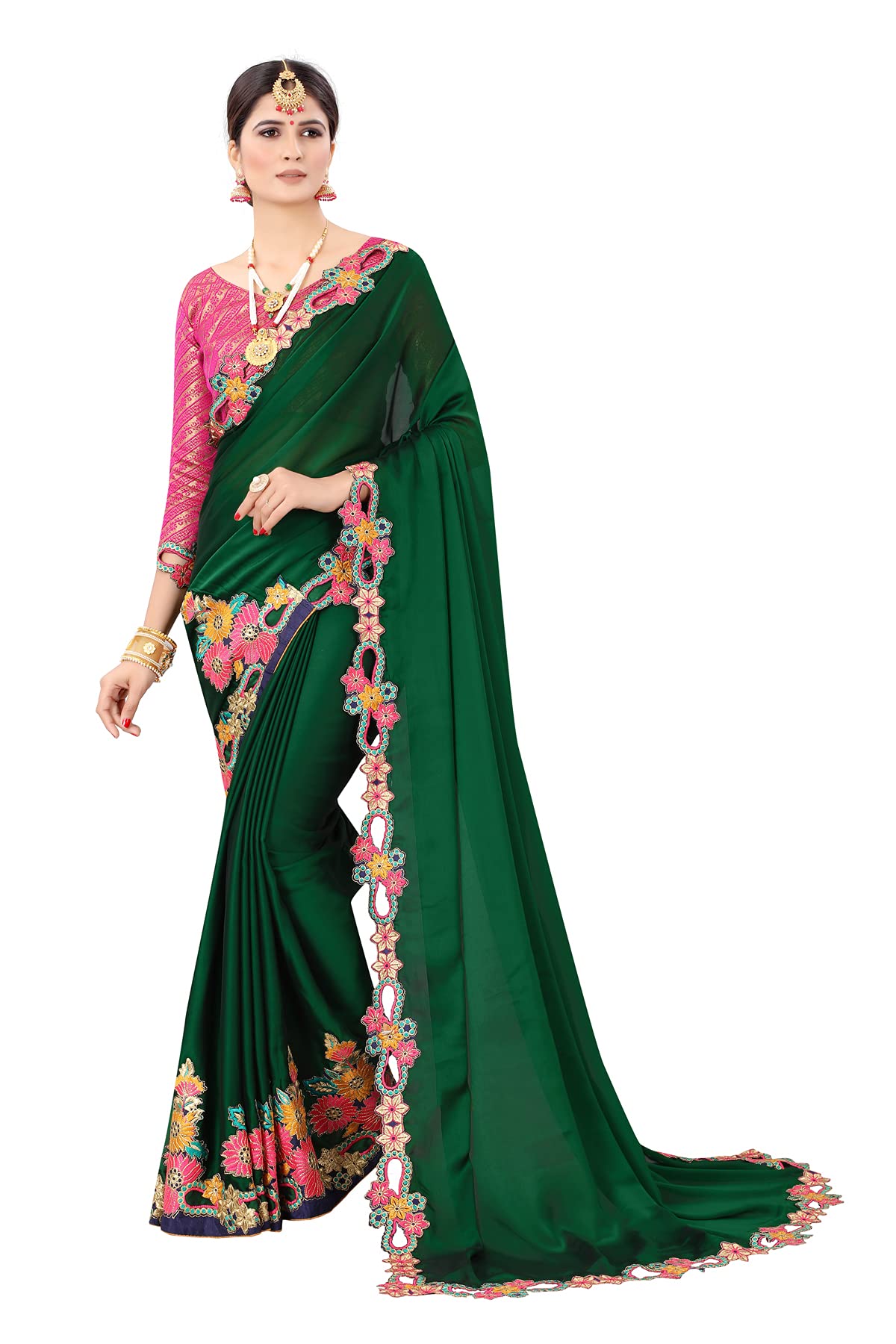 OFLINE SELECTION Women's designer Embroidered Dola silk saree With blouse piece.
