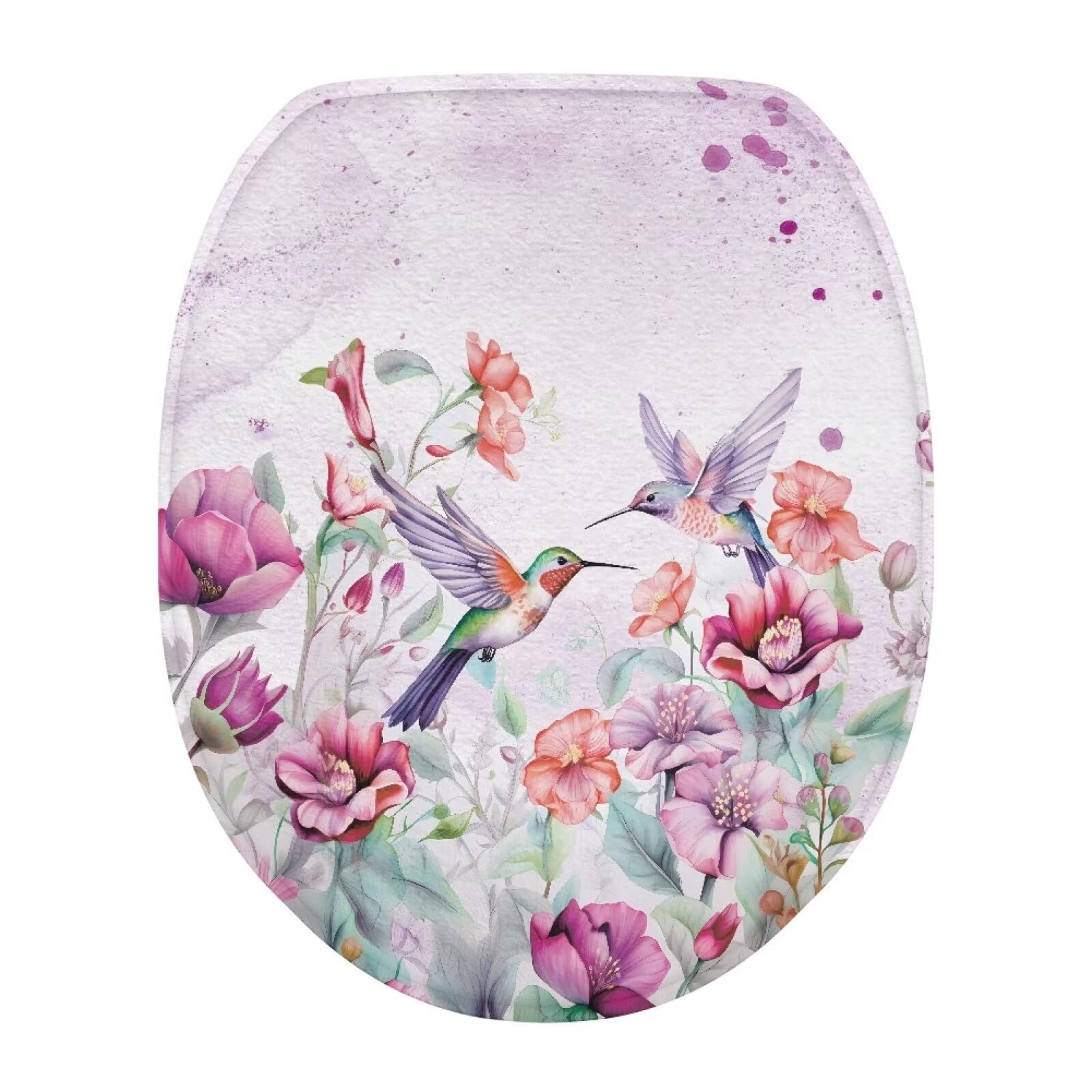 Cugasmaru Hummingdird Flower Light Purple Toilet Lid Cover Toilet Lid Covers for Bathroom Elongated Toilet Seat Lid Cover Oval Washable Toilet Lid Seat Protector Cover with Elastic Bottom