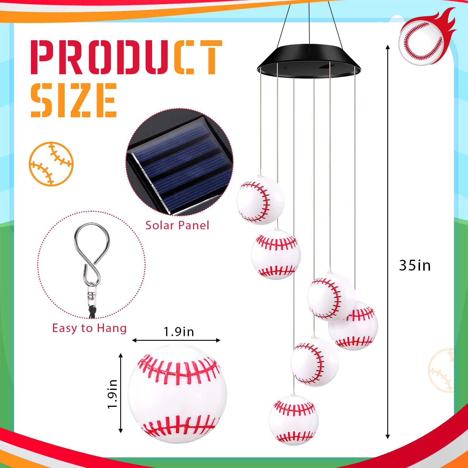 Wonderjune Campanas de viento solares para fiestas deportivas, luces LED al aire libre, temática de cumpleaños, decoración colgante móvil para jardín, patio, porche, bar deportivo, bar, regalo de
