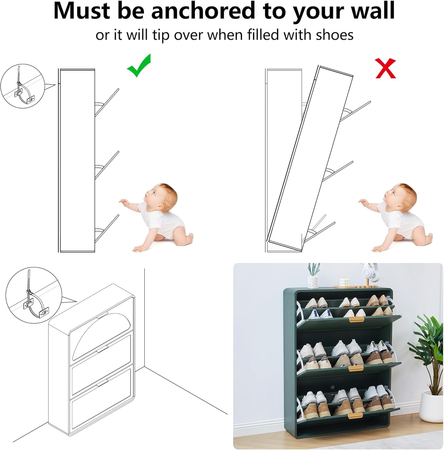 Hidden Shoe Cabinet with Drawer, Free Standing Narrow Shoe Rack Cabinet for Entryway Slim, 3 Flip Drawer Shoe Storage Organizer Cabinet for Entry,Hallway,Door,Dorm,Small Spaces - Green