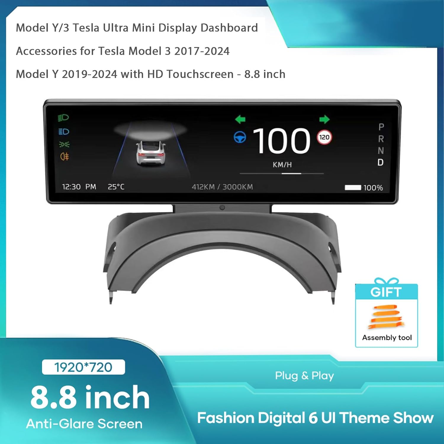 Head Up Display for Model Y/3 Tesla Ultra Mini Display Dashboard Accessories for Tesla Model 3 2017-2024 Model Y 2019-2024 with HD Touchscreen - 8.8 inch