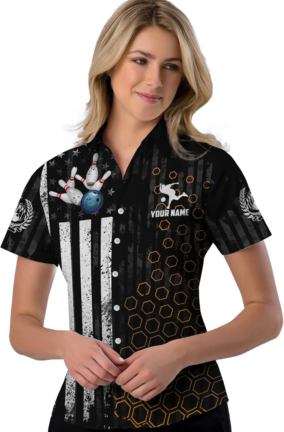 Novelty Bowling Hawaii Shirt Personalized Black USA Bowling Pin Button Down Shirt for Dad Bowling Theme Hawaiian Shirt