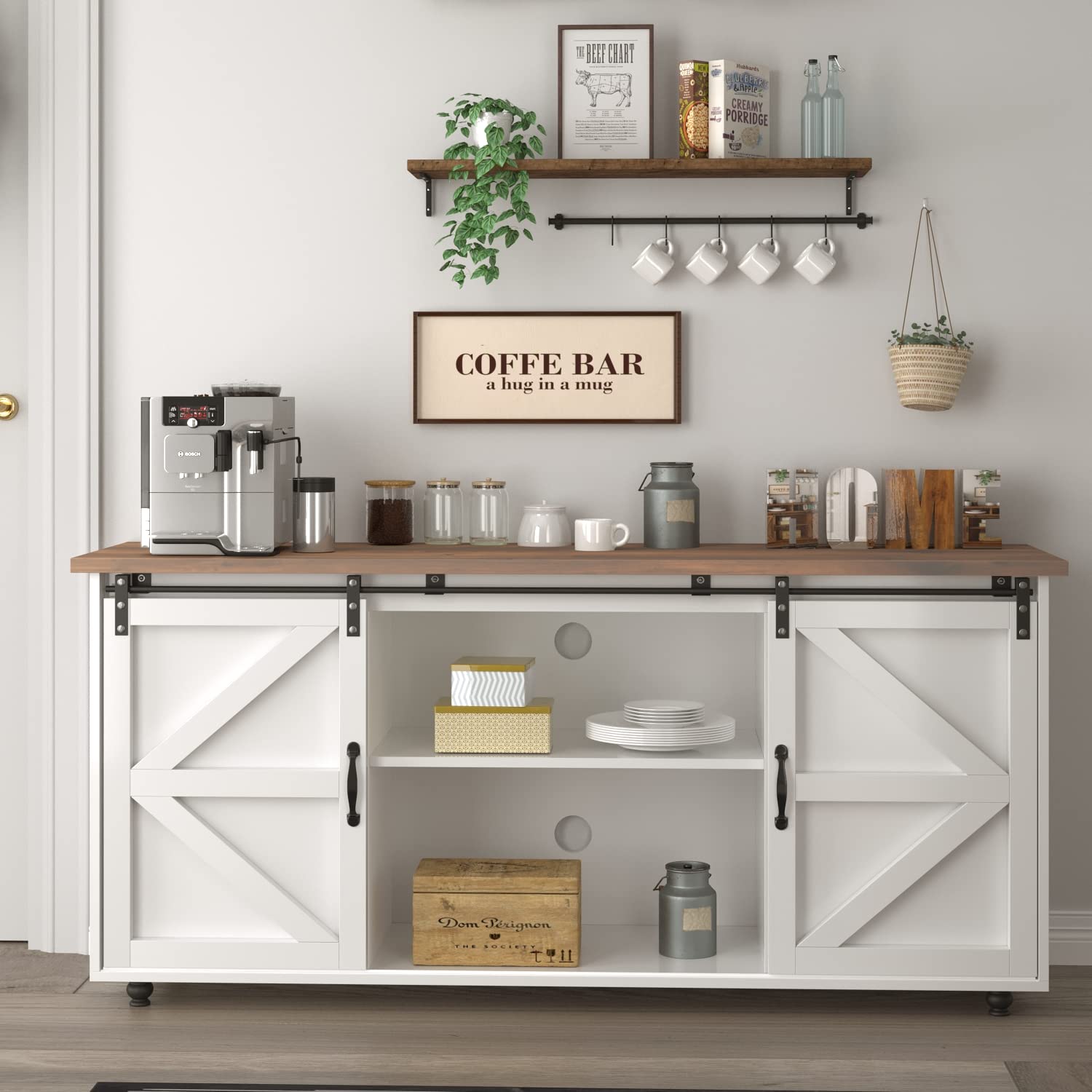 Farmhouse Coffee Bar with Sliding Barn Door 58” Buffet Storage