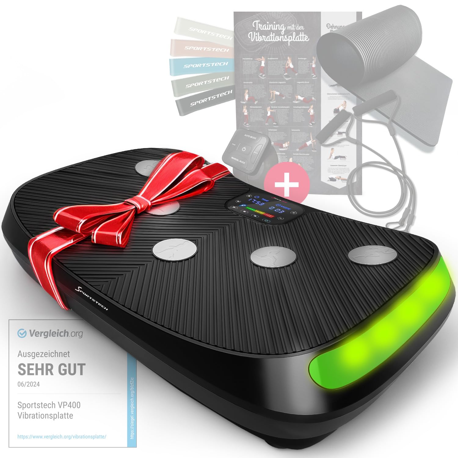 Sportstech 4D Vibrationsplatte für Zuhause, VP400 und sVibe, Smart LED, Trainingsbänder und Ropes, Abnehmen, Ganzkörpertraining, Muskelaufbau, 120 kg belastbar, Fitness Training