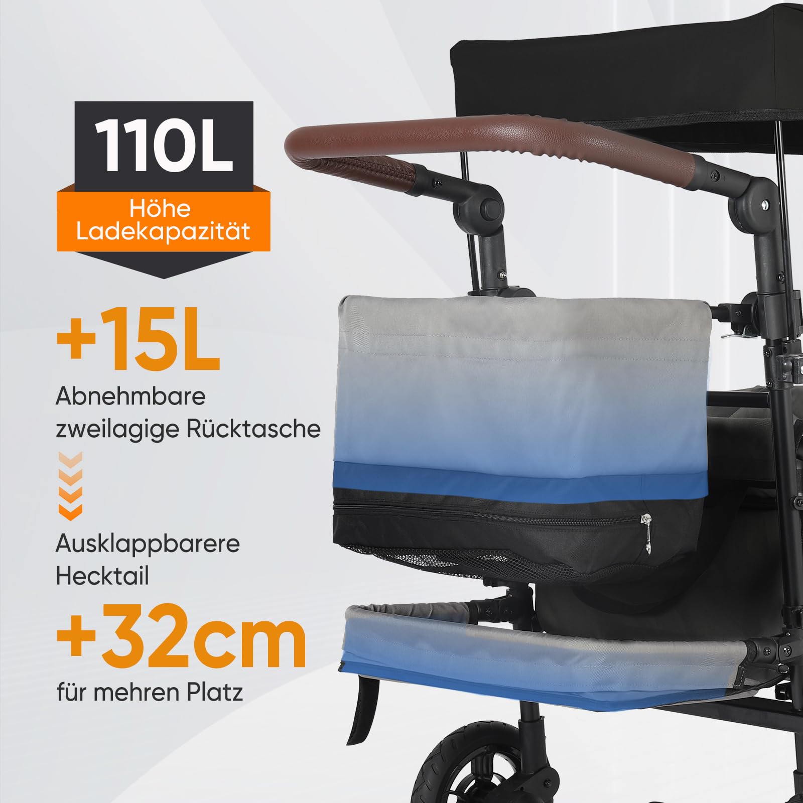 Sekey Faltbarer Bollerwagen Kinder mit 150KG Tragkraft, Handwagen Klappbar für Kinder mit Schiebegriff und Bremsen, TP5050, Schwarz mit Grau