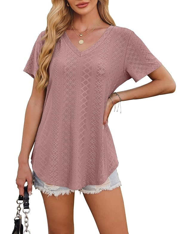 OFEEFAN Summer Tops for Women Trendy Loose Fit V Neck Curved Hem Long T Shirts Plus Size Short Sleeve Ladies Tops and Blouses 90s Outfits for Women Clothes Dark Pink 2XL by OFEEFAN - Used condition - Image 4