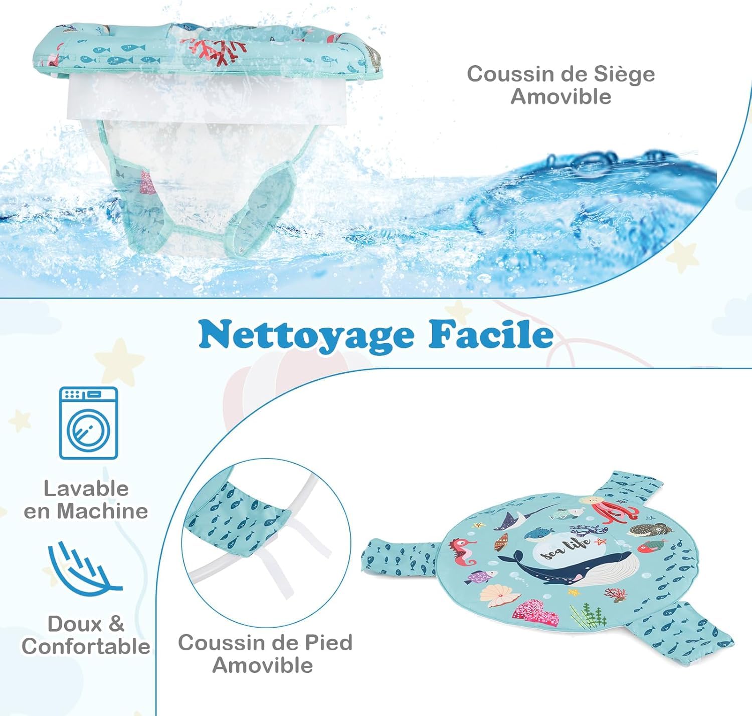 DREAMADE Jumperoo Jungle Bébé avec Siège Pivotant 360°&Amovible,Aire d'Éveil à Rebonds Animaux avec 3 Hauteurs& 9 Jouets&Musique&Lumière,Jouet Enfants 6Mois+ (Bleu+Océan)