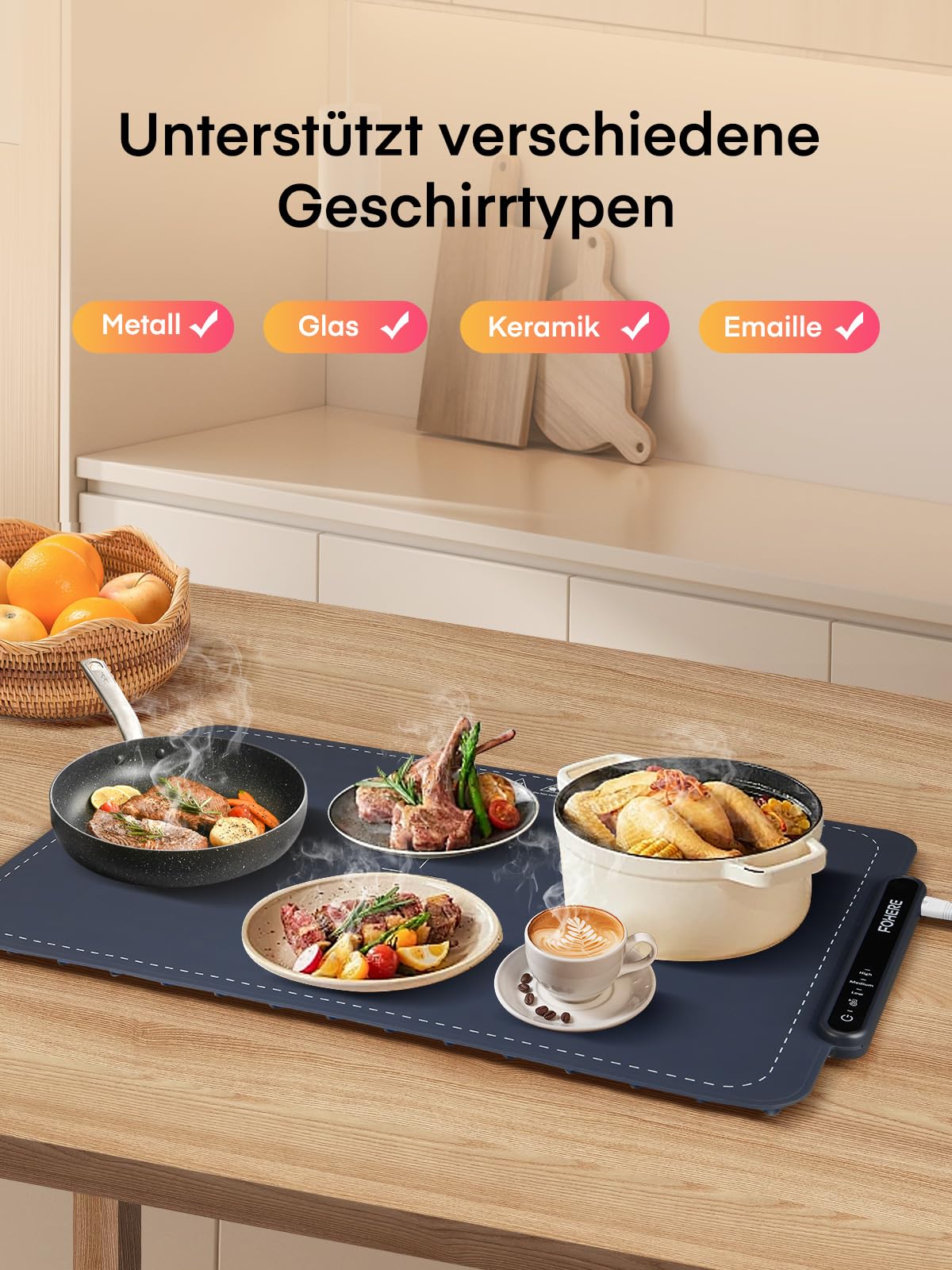 FOHERE Elektrische Warmhalteplatte aus Silikon 60x38cm Rollbare Warmhaltematte 3 Temperaturstufen Timer Kindersicherung
