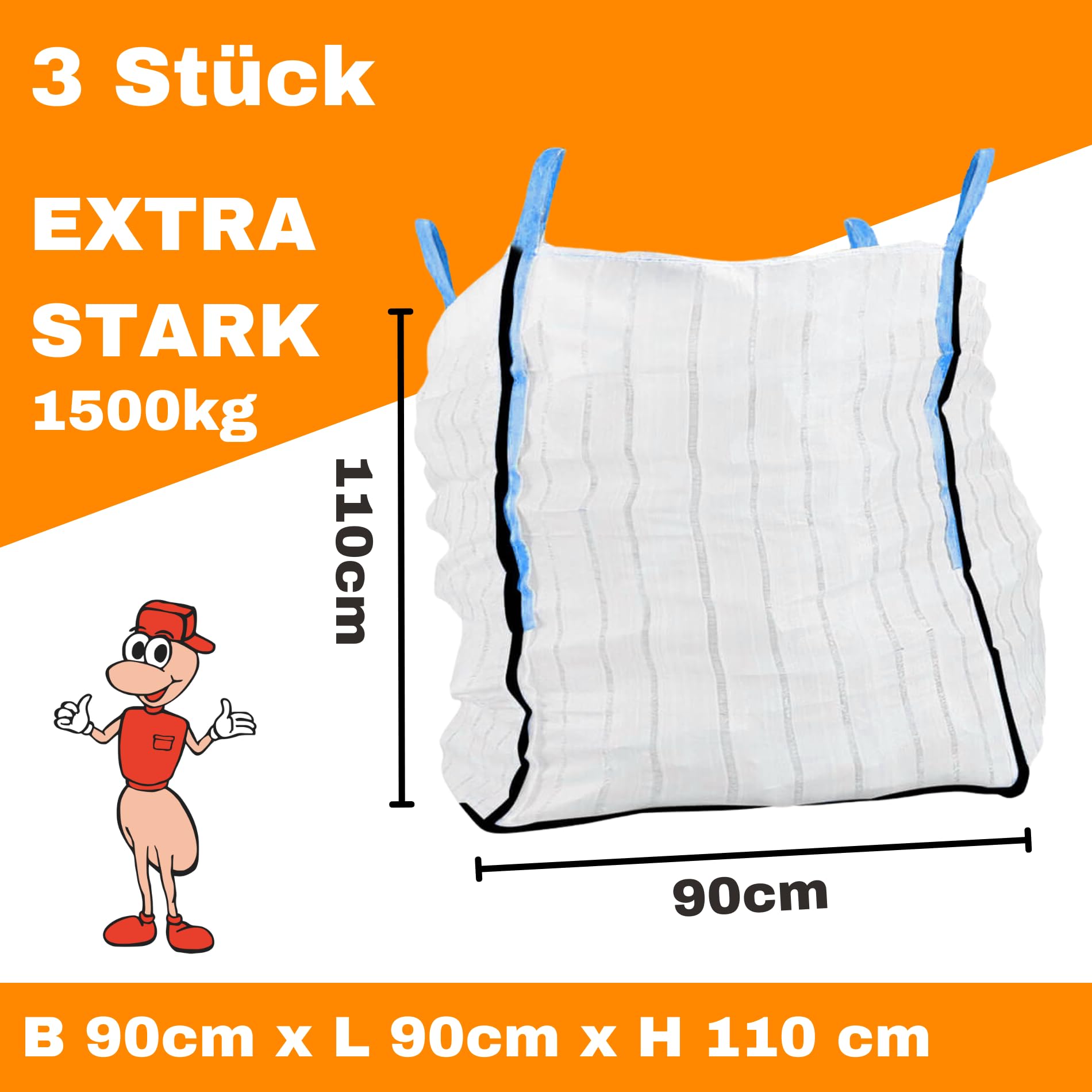 3X Big Bag für Holz | Brennholz-BigBag für 1m³ | Atmungsaktiver BigBag 90x90x110 cm Groß - Hohe Stabilität bis 1500kg, BigBags mit 4 Schlaufen (BigBag ohne Brennholz)