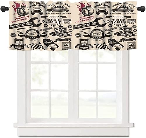 Cortina de cenefa retro para motocicleta, estilo vintage, clásico, viejo auto, gasolinera, bolsillo para barra, cenefa con bolsillo para barra,