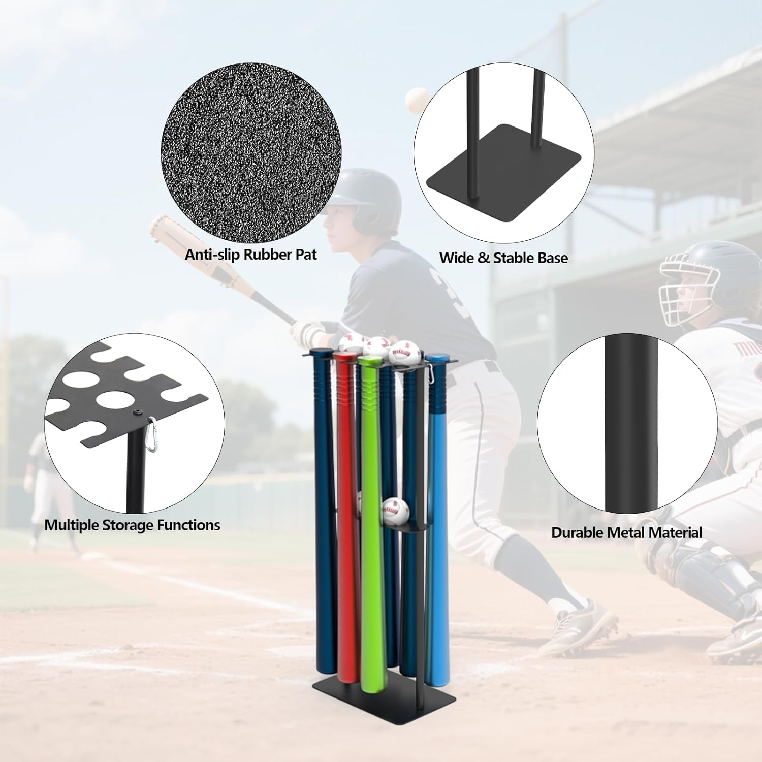 Baseball Bat Holder Stand, Baseball Bat Rack, Metal Baseball Holder, Holds 8 Bats, 5 Balls & Gloves, for Bedroom, Garage, Team Locker Rooms, Baseball Stadiums